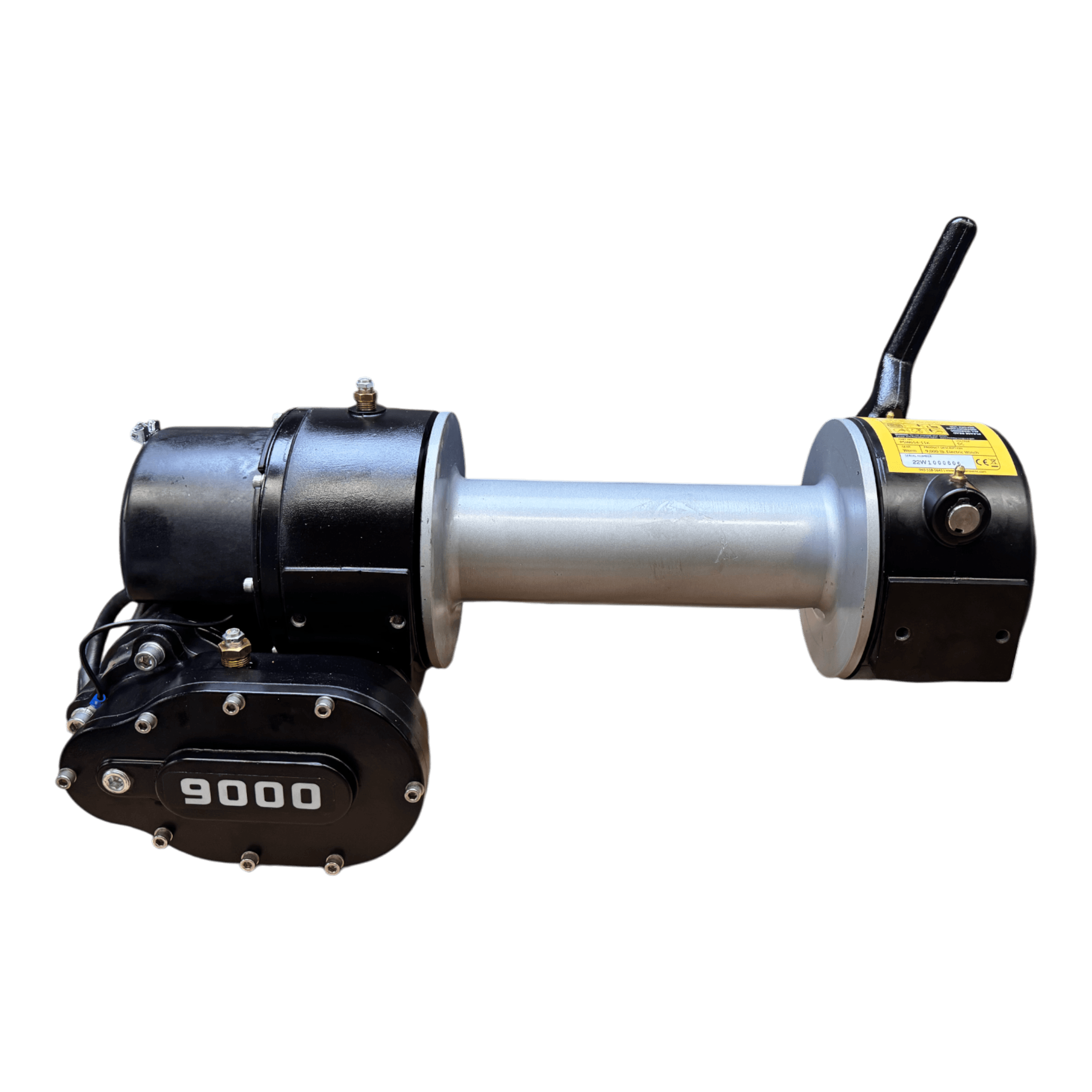 PIERCE 9,000 lbs. 11 Drum Industrial Electric Winch features a cylindrical drum, control lever, and 9000 marking, delivering powerful 9,000 lb pulling capacity for industrial use.