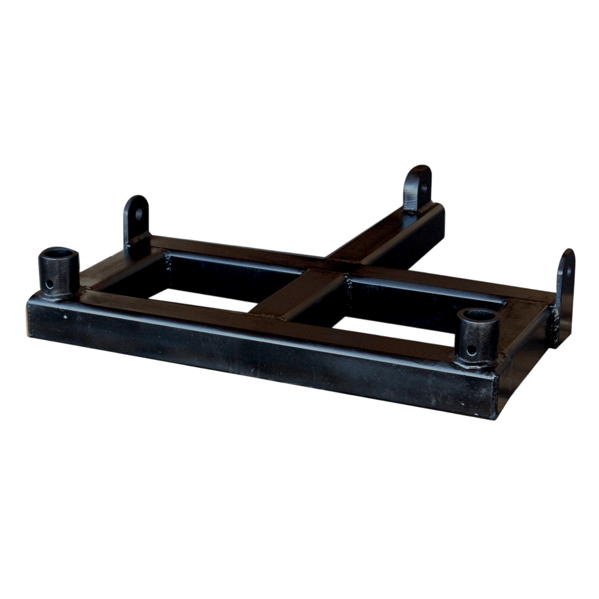The PIERCE Drop Hinge for Gooseneck Bale Spear features a black metal design with a rectangular base and four mounting points, offering versatility and precision integration, all against a dark backdrop.
