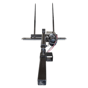 Front view of the PIERCE Truck Bed Gooseneck Hay Bale Mover, featuring two long metal spears and hydraulic components, designed for efficient hay transport with hydraulic operation.