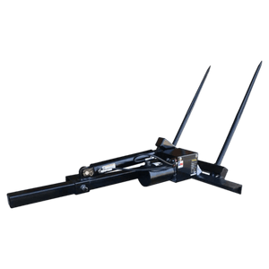The PIERCE Truck Bed Gooseneck Hay Bale Mover is a black metal attachment with two long spikes, perfect for agricultural equipment and hydraulic bale moving. Shown isolated on a white background.