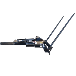The PIERCE Truck Bed Gooseneck Hay Bale Mover features two long metal spikes to lift hay bales, easily attaching to trucks for efficient farm work and hydraulic bale moving.