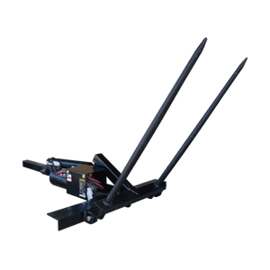 The PIERCE Truck Bed Gooseneck Hay Bale Mover features two long, angled metal spears for secure handling and transport of hay bales, making it ideal for efficient field work or loading onto a truck bed gooseneck.