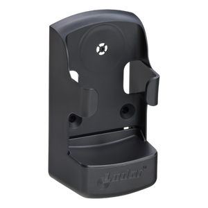 The Lodar Locator Holder for Standard Transmitters by Lodar LTD is a wall-mounted black holder designed for a snug fit, featuring side grips, a rounded base, and a flexible plastic tab for added convenience.