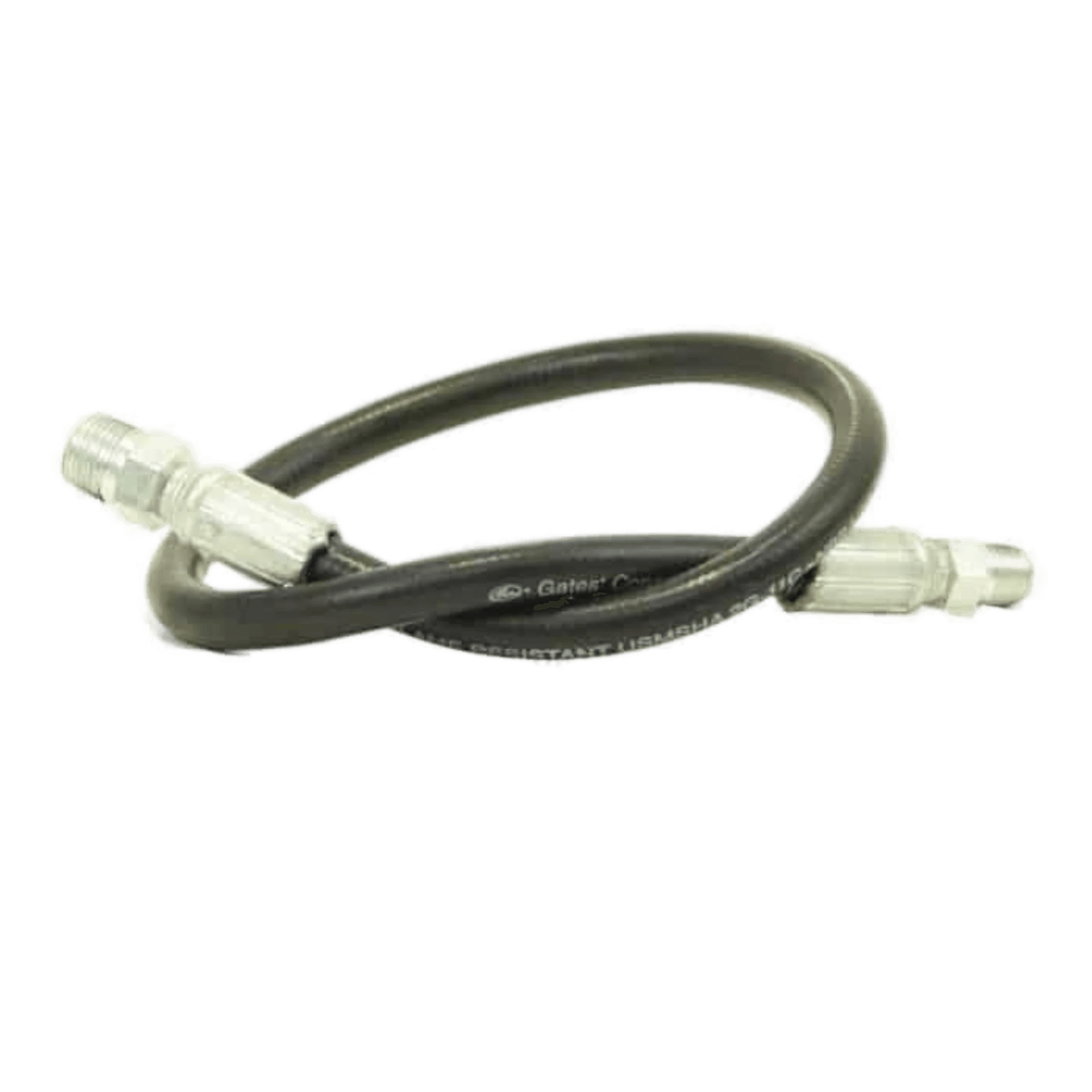 The PIERCE 26-inch Bale Spike Hose with a goose neck attachment, featuring black braided design and metallic connectors on both ends, rests elegantly on a reflective surface. Its exceptional chemical resistance ensures durability and reliability in demanding environments.