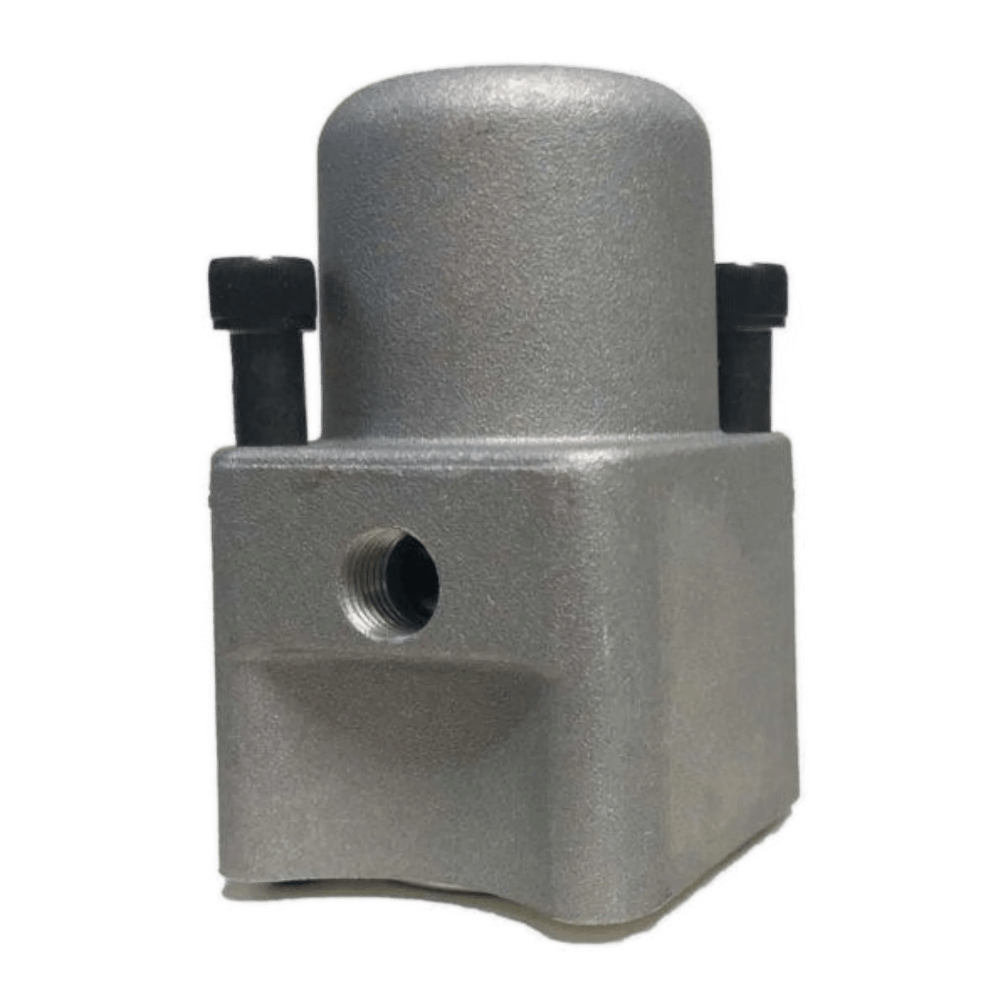 Close-up of an APSCO Bolt-on Actuator for Gresen Spool in gray metal, showcasing its cylindrical top and bolt-on actuator technology, highlighted by two black bolts.