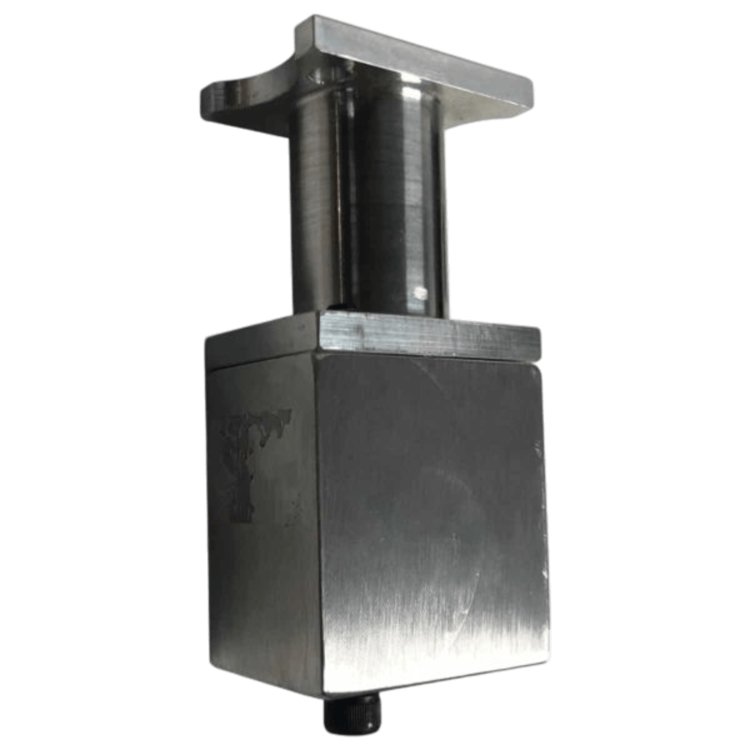A Bolt-on Actuator, equipped with a metal block and a cylindrical handle on top, showcases a smooth, reflective surface and is designed to integrate with Husco Spools for enhanced precision.