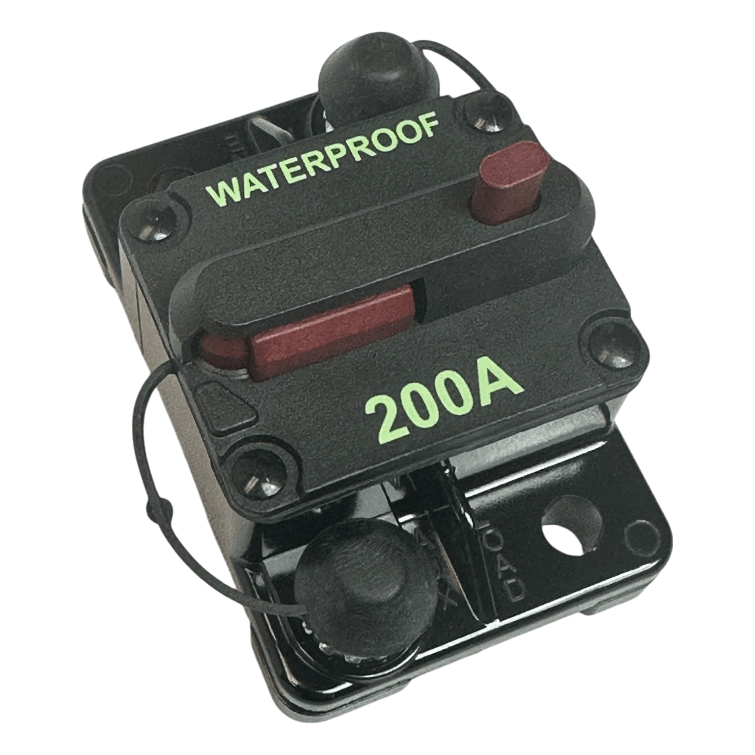 The PIERCE Breaker 200 Amp features a black, waterproof design with a red switch and protective caps—perfect for power distribution panels or hydraulic pumps. Shown on a white background.