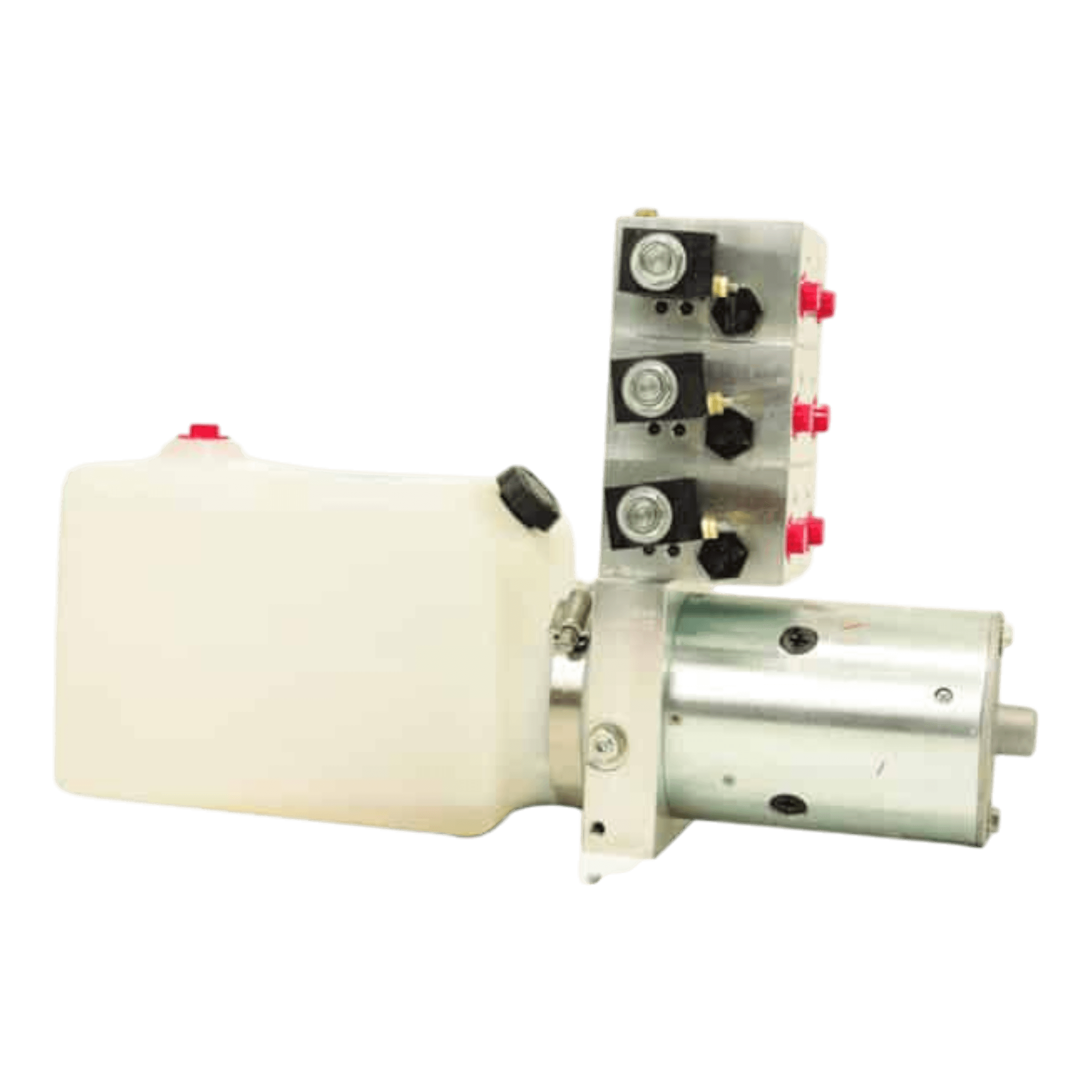 This hydraulic power unit, featuring a white reservoir and metallic motor with multiple valve connections, includes SAE o-ring ports for reliable sealing and is compatible with the Bucher 6 Way Valve Pump for enhanced performance.
