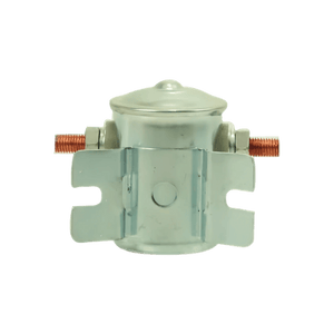 Bucher 12 Volt Pump Solenoid Style 1, a silver component with two copper terminals on a black background, resembles a hydraulic pump solenoid.