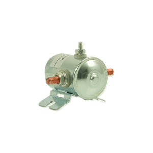 A Bucher Pump 12 Volt Solenoid Style 1, featuring a metal cylindrical hydraulic solenoid with copper terminals, stands against a black background.
