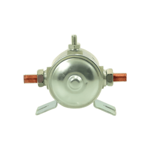 A metallic round Bucher Pump 12 Volt Solenoid Style 1 component, featuring bolts and copper connectors, is set against a black background.