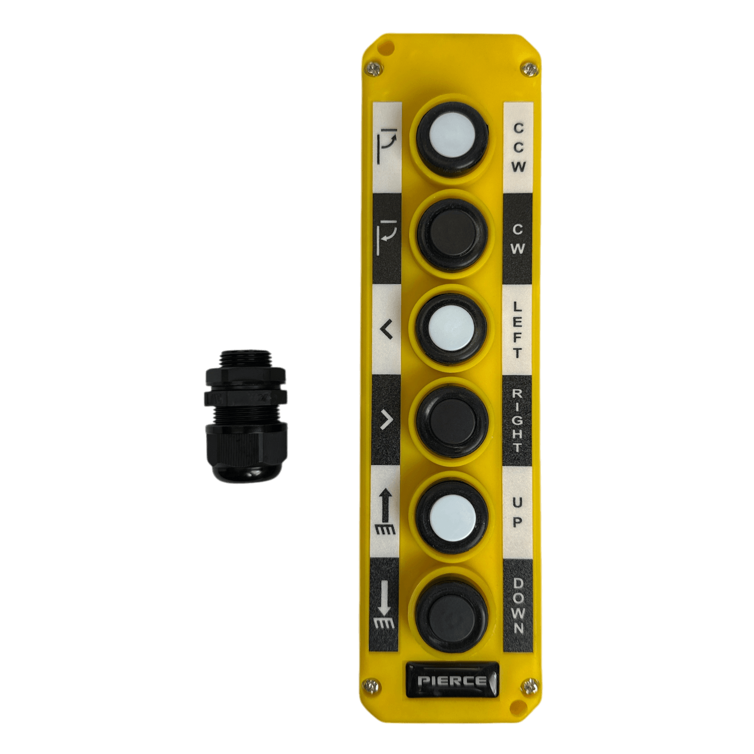 The Universal Momentary Pendant Control - 6 Button by PIERCE features a yellow design with black and white buttons for directional commands, making it ideal for industrial applications. An independent knob on the side enhances precision.