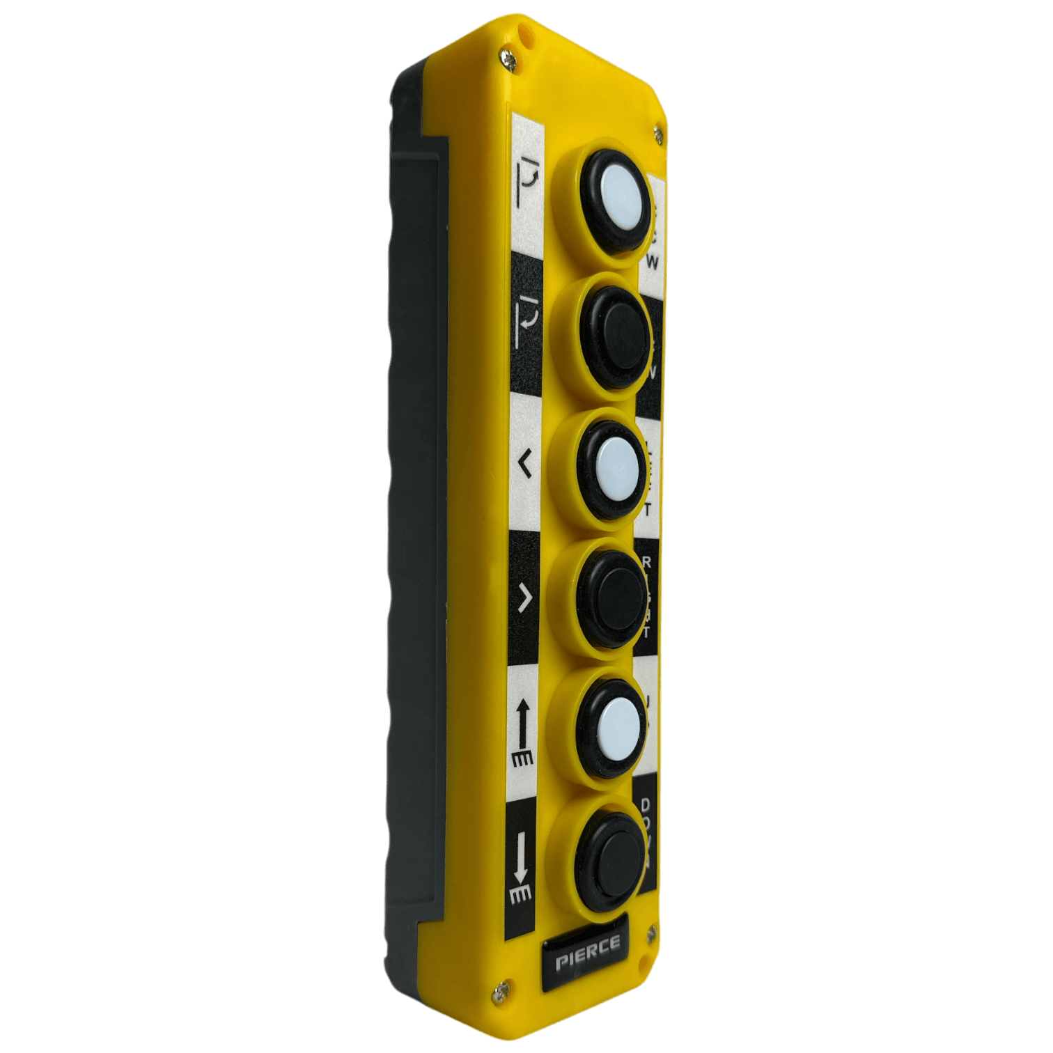 The PIERCE Universal Momentary Pendant Control - 6 Button features a yellow control panel with five black and white directional arrow buttons, making it perfect for industrial pendant control applications.