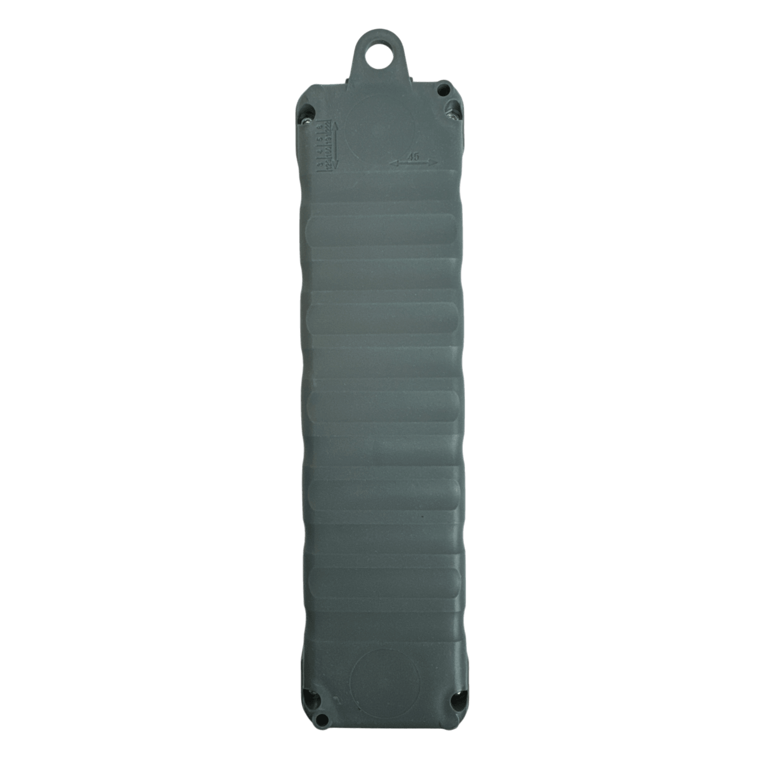 Set against a black background, the PIERCE Universal Momentary Pendant Control - 6 Button features a gray, ribbed, rectangular design with a hanging loop at the top. It's expertly crafted for industrial applications.