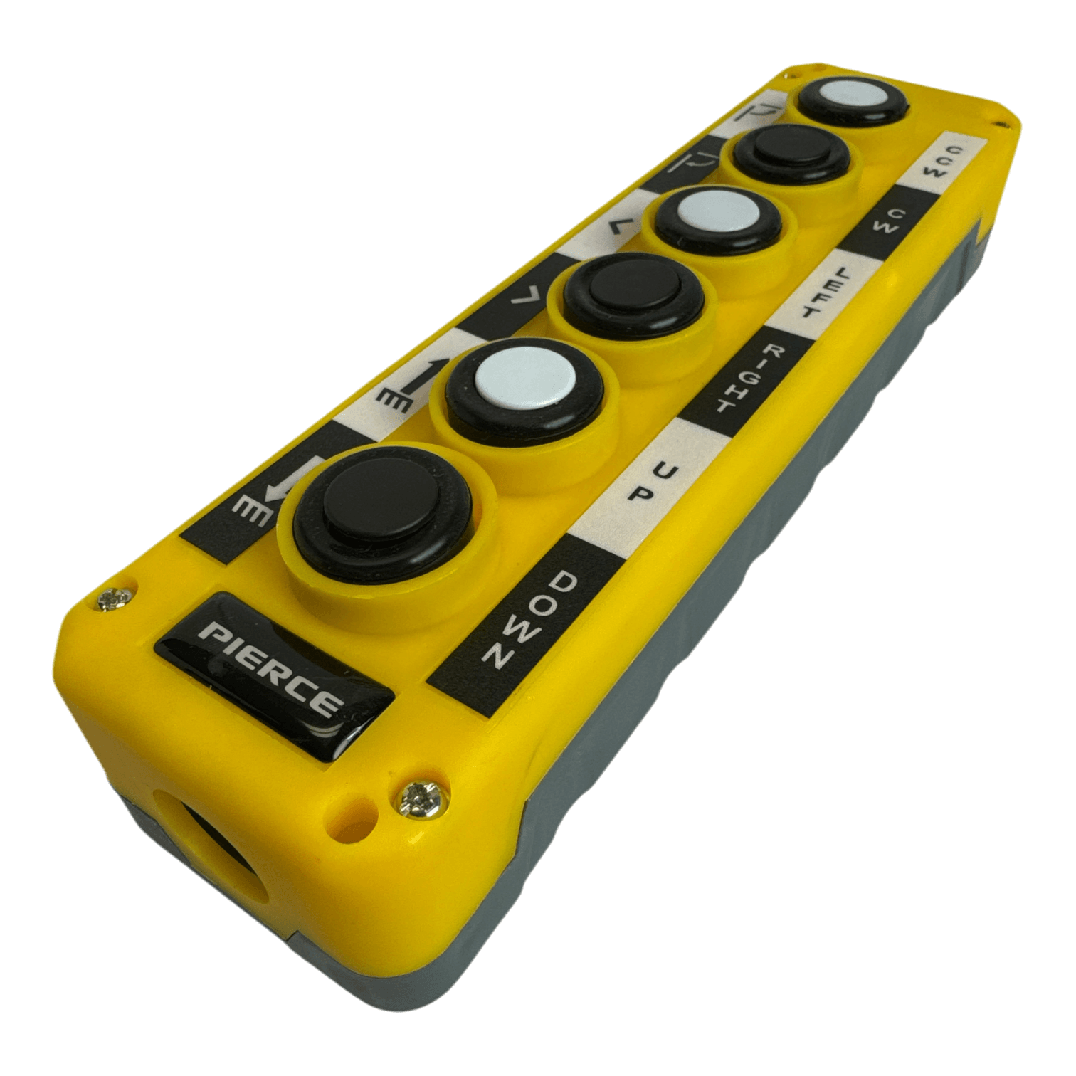 The Universal Momentary Pendant Control - 6 Button by PIERCE is a yellow control panel featuring six black and white buttons labeled with letters and numbers. It is designed for industrial applications, making it perfectly suited for managing pendant control systems or hydraulic power units.