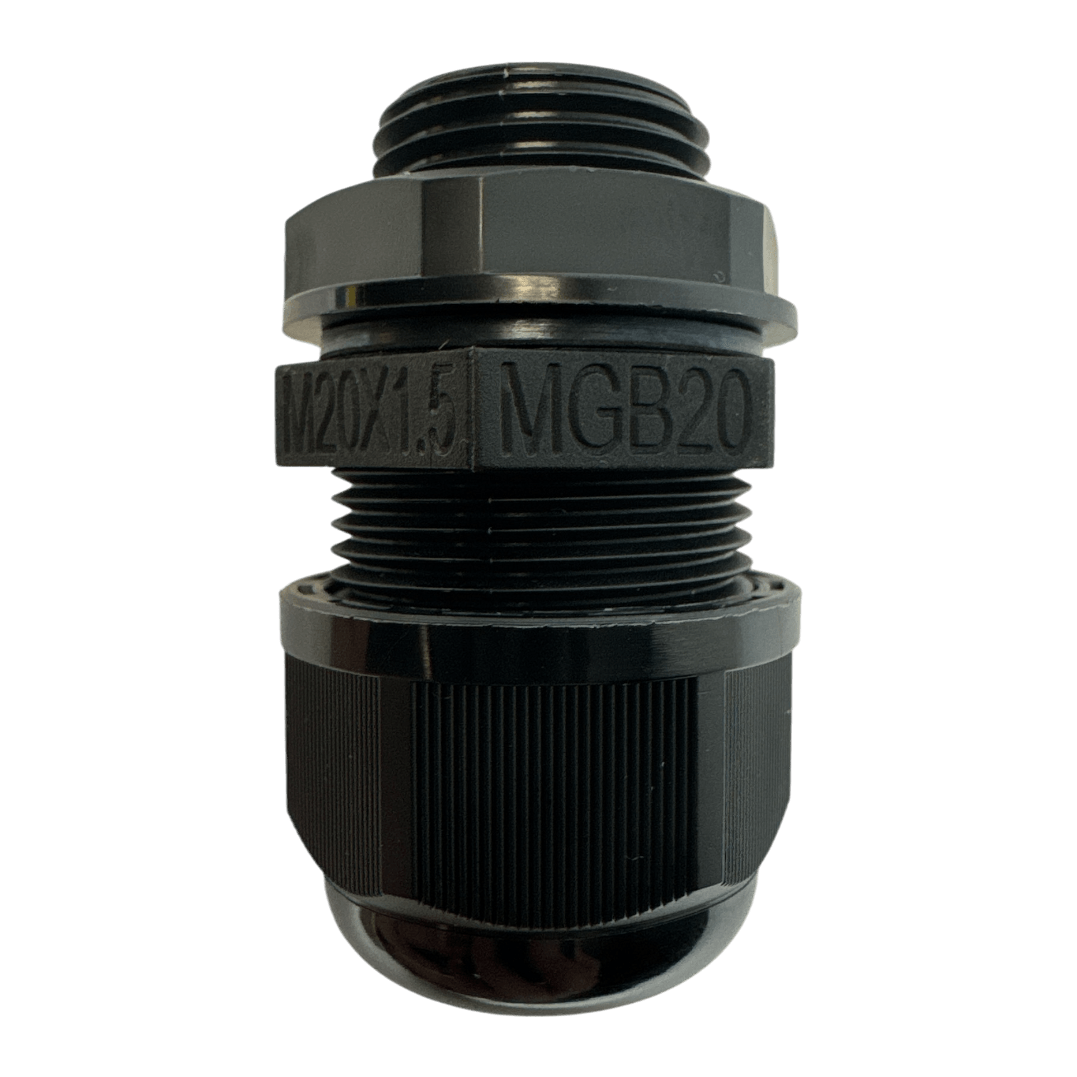 On a black background, there is a close-up of a black cable gland marked with M20X1.5 MGB20, which is commonly utilized in industrial settings like the PIERCE Universal Momentary Pendant Control - 6 Button.