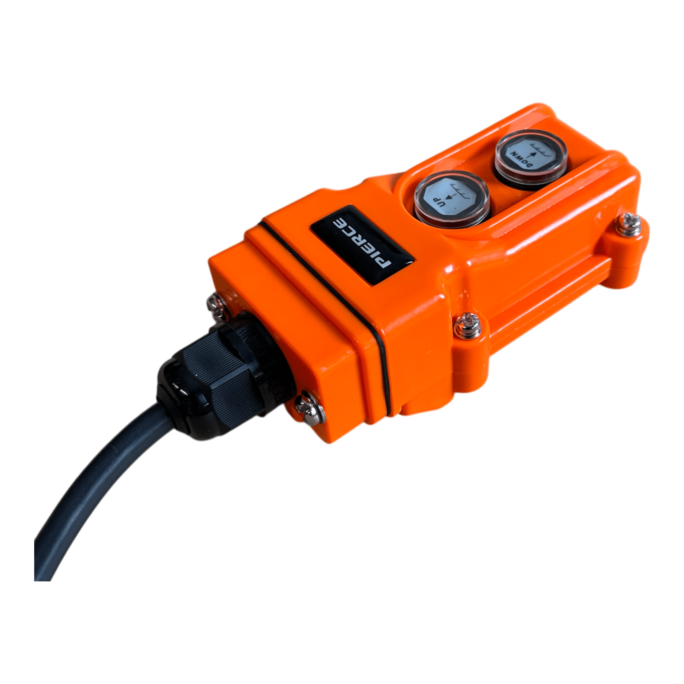 The PIERCE 2 Function Momentary Hard-Wired Control Pendant, with its distinct orange design, includes two dials and a 15-foot connector cable, making it perfect for industrial applications. This pendant ensures precise control in demanding environments.