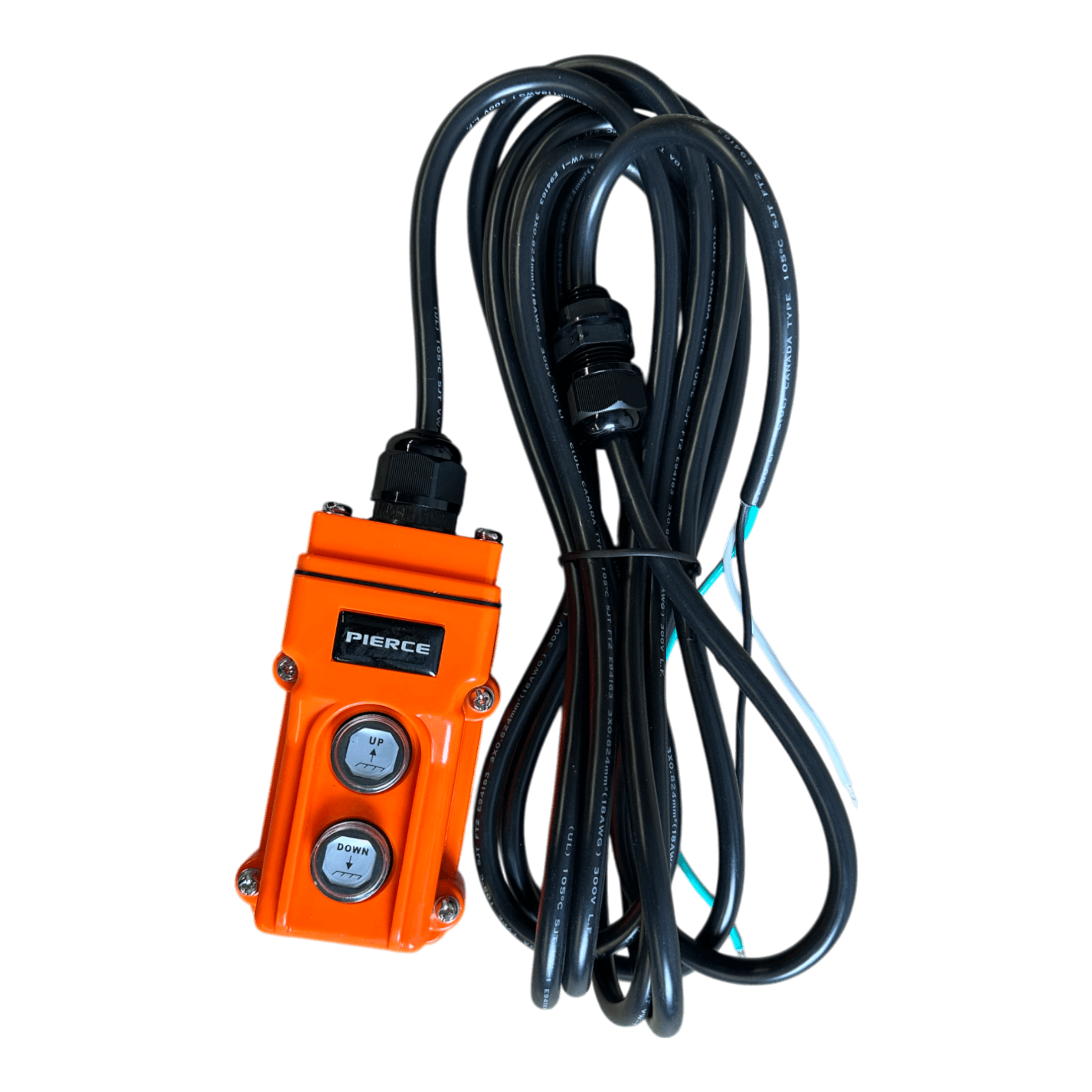 The PIERCE 2 function Momentary Hard-Wired Control Pendant, with its vibrant orange design, includes UP and DOWN buttons for precise control. Accompanied by a neatly coiled 15 ft. black cable, it is perfect for industrial applications.