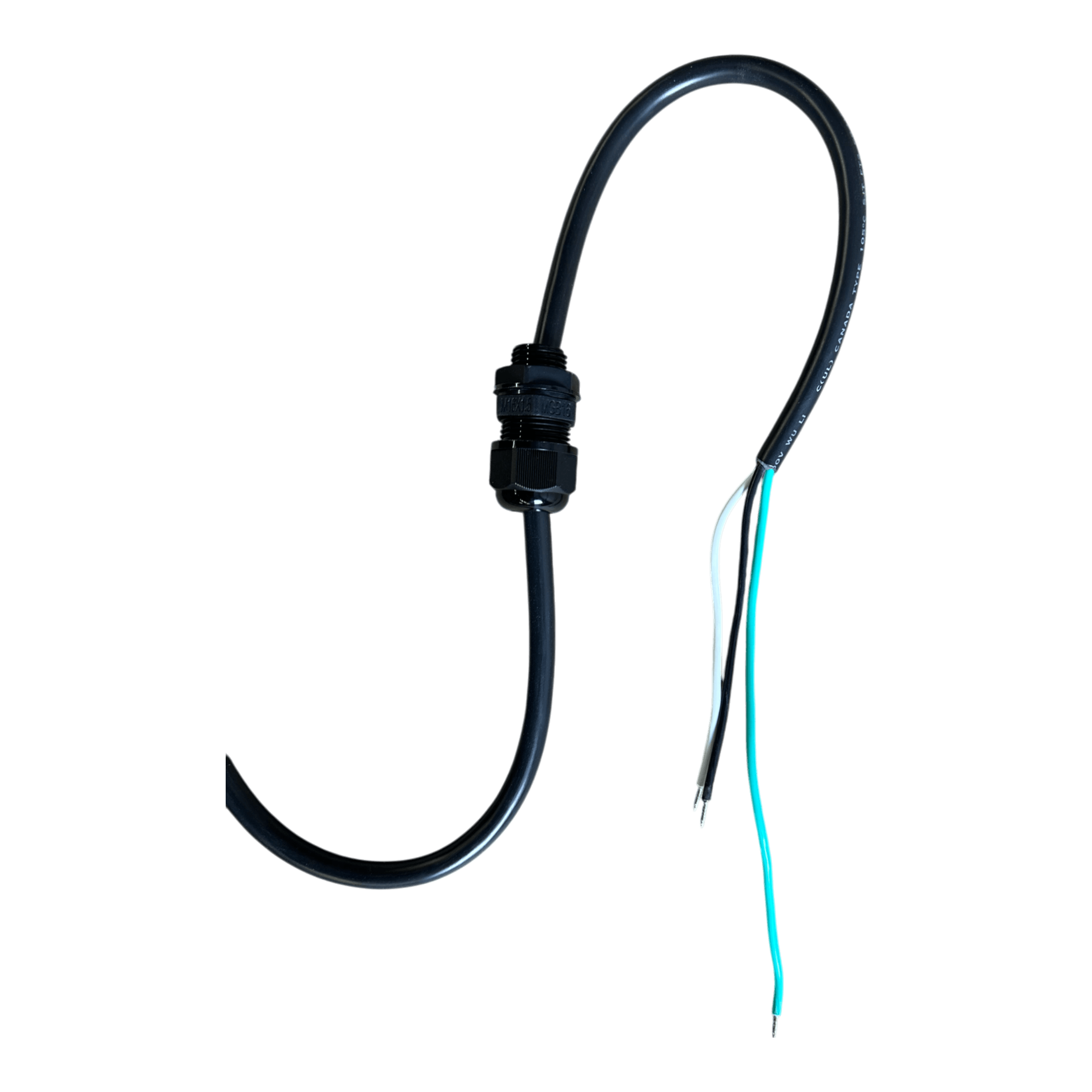 A PIERCE 2 function Momentary Hard-Wired Control Pendant with a 15 ft. black cable, featuring a connector and exposed green, white, and black wires, lies on a black background. This setup is perfect for industrial applications requiring precise control.