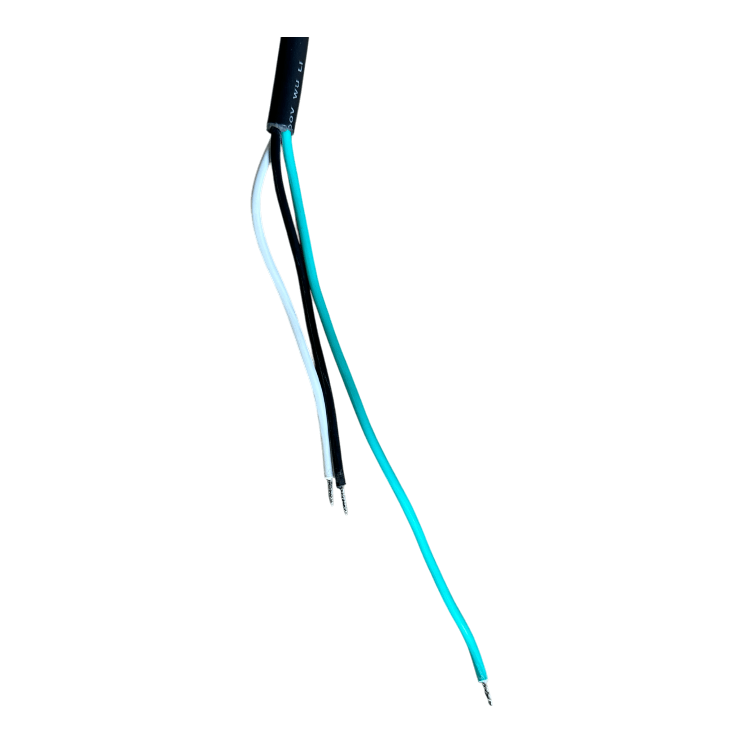 A pair of exposed electrical wires, one blue and one white, rest against a black background, hinting at the precise control system featured in the PIERCE 2 function Momentary Hard-Wired Control Pendant with a 15 ft. cord by PIERCE, commonly used in industrial settings.