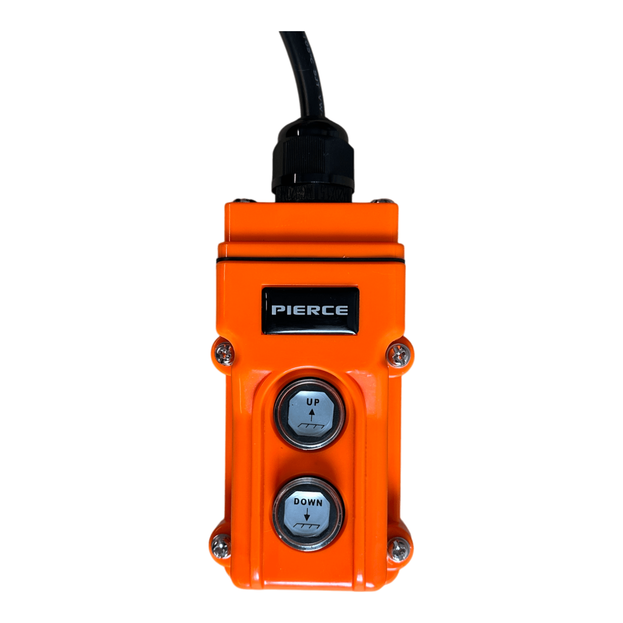 The PIERCE 2 function Momentary Hard-Wired Control Pendant, boasting a 15 ft. cord, is perfect for industrial applications with its UP and DOWN buttons. The top-positioned cable ensures precise control in demanding environments.