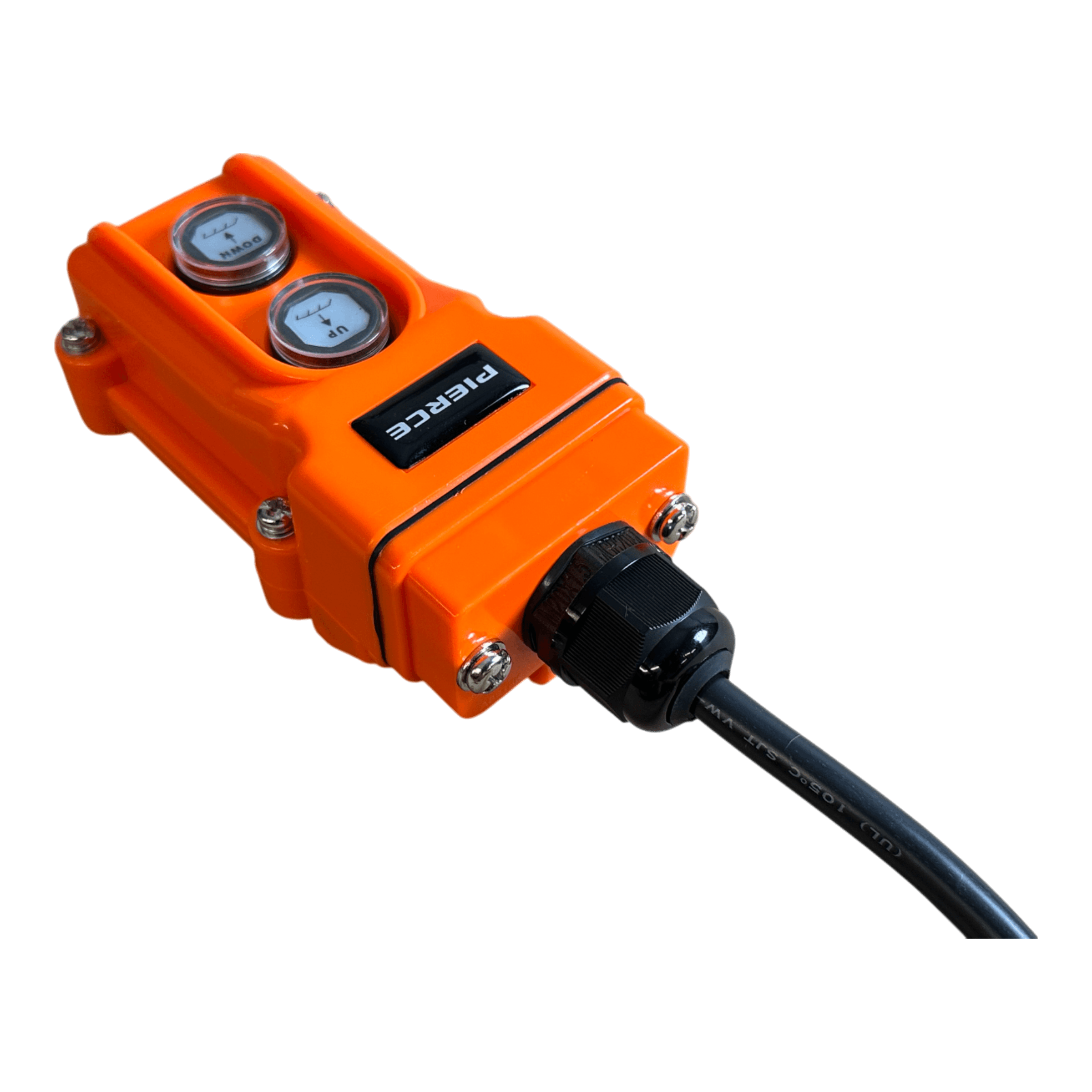 The PIERCE 2 Function Momentary Hard-Wired Control Pendant with a 15 ft. cord is an orange electrical device featuring two dials on top. Ideal for industrial applications, it provides precise control in demanding environments.