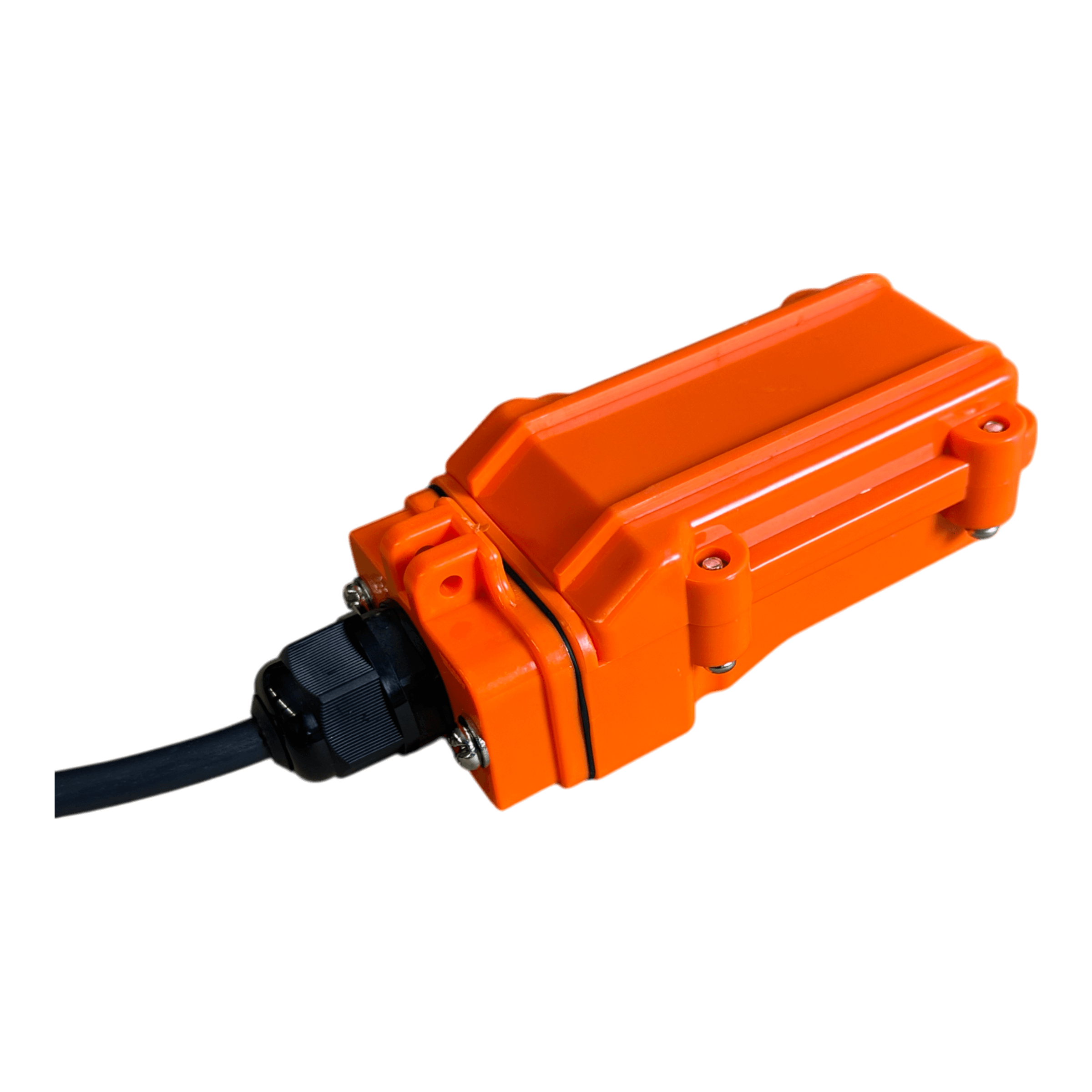 The PIERCE 2 Function Momentary Hard-Wired Control Pendant, featuring a 15 ft. cord, is an orange electrical connector equipped with a black cable for precise industrial control. Positioned against a sleek black background, this control pendant guarantees reliability and efficiency in demanding environments.