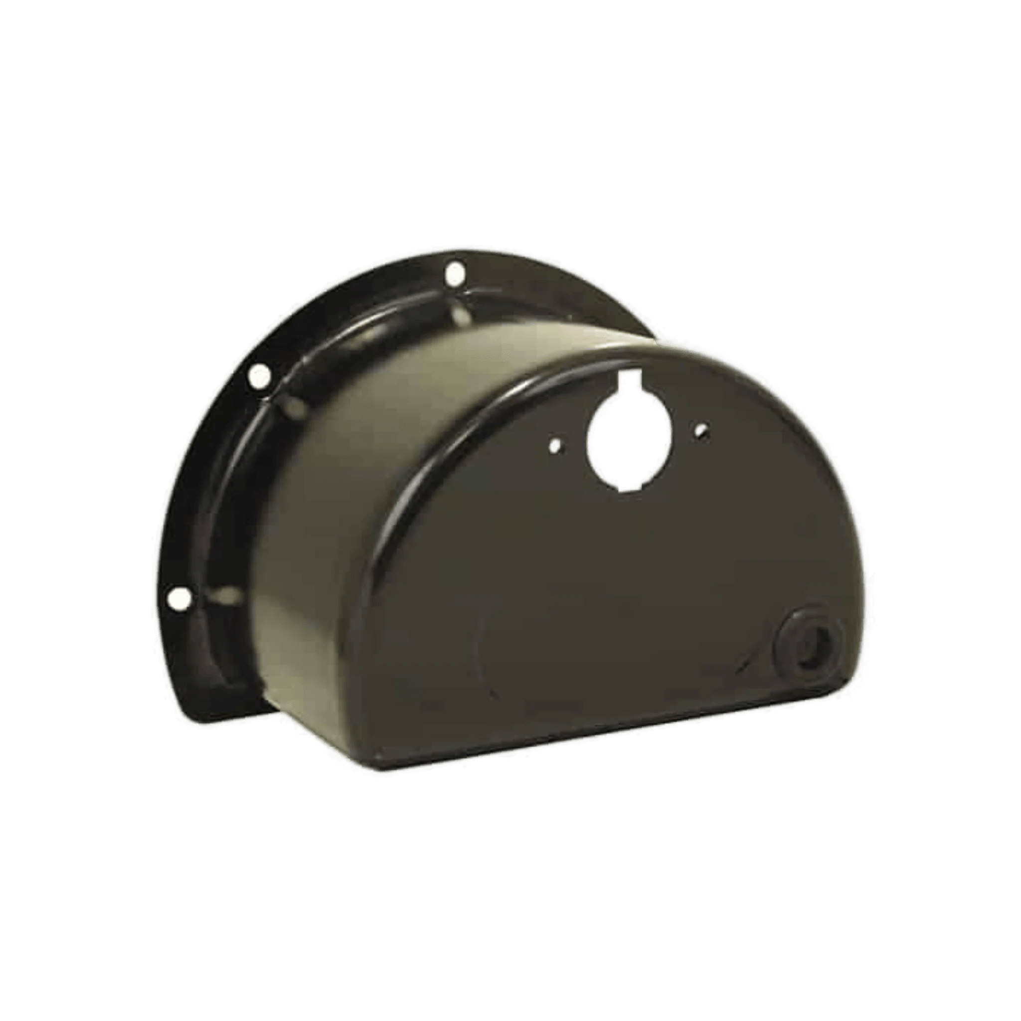 High-quality black metal semicircular PIERCE gear winch solenoid cover with mounting holes on a white background, perfect for integrating with your PS654.