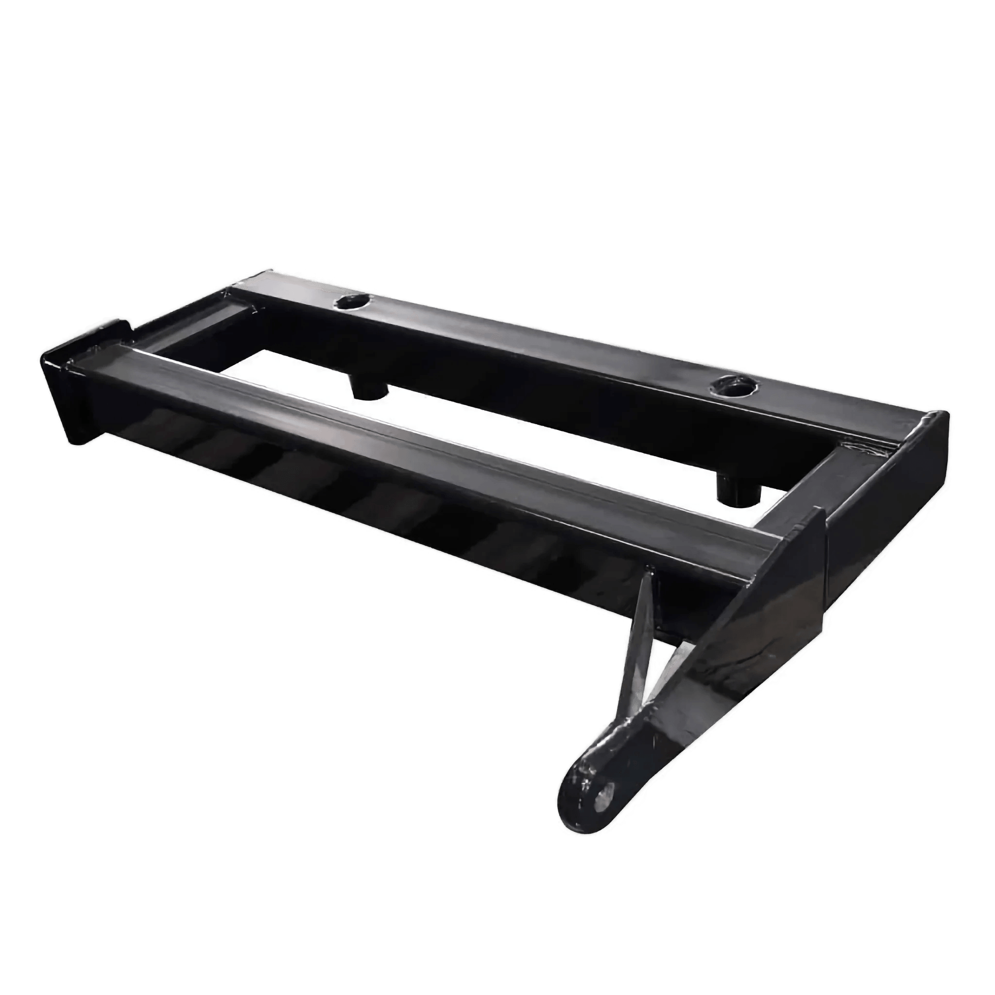 Angled view of the PIERCE black metal Drop Hinge for Bolt-In Bale Spear with hooks, slots, and added versatility.