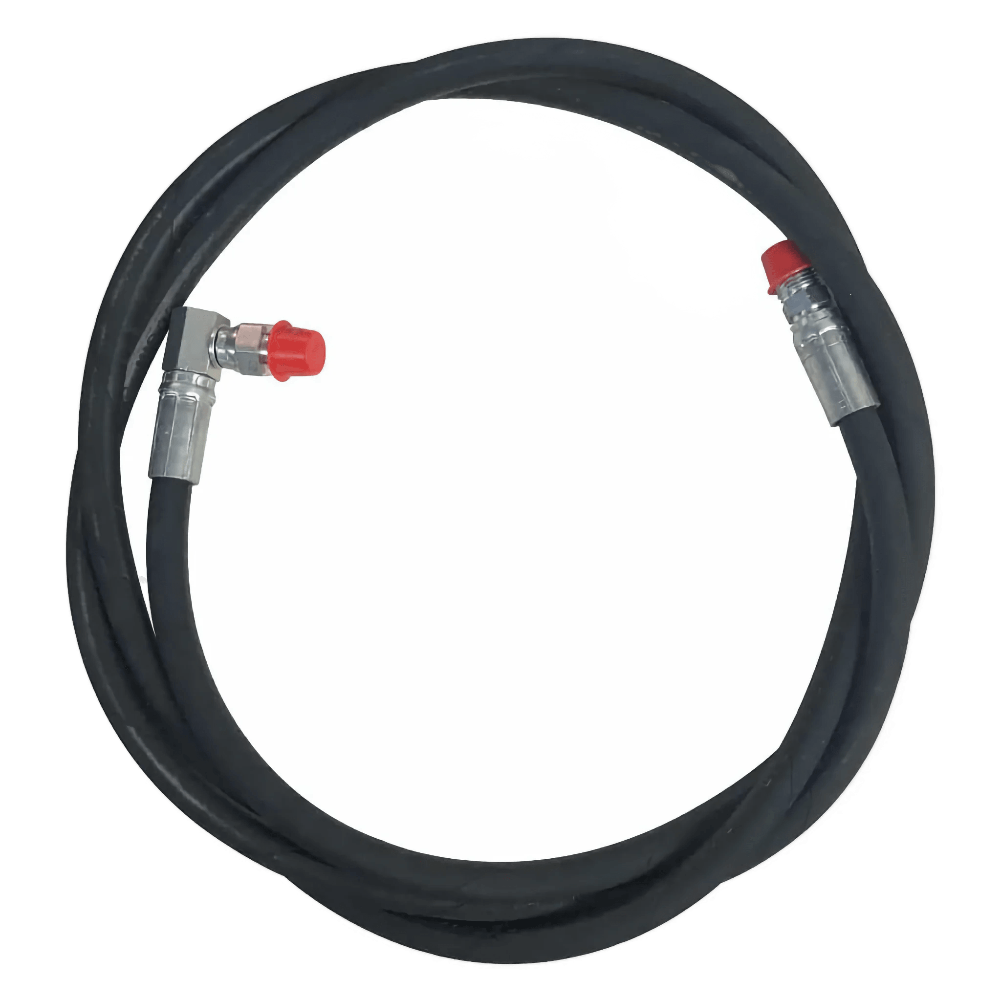 The PIERCE Dump Kits feature a 7-foot coiled black hydraulic hose with robust metal connectors and red caps. Its abrasion-resistant design ensures durability, all set against a white background.