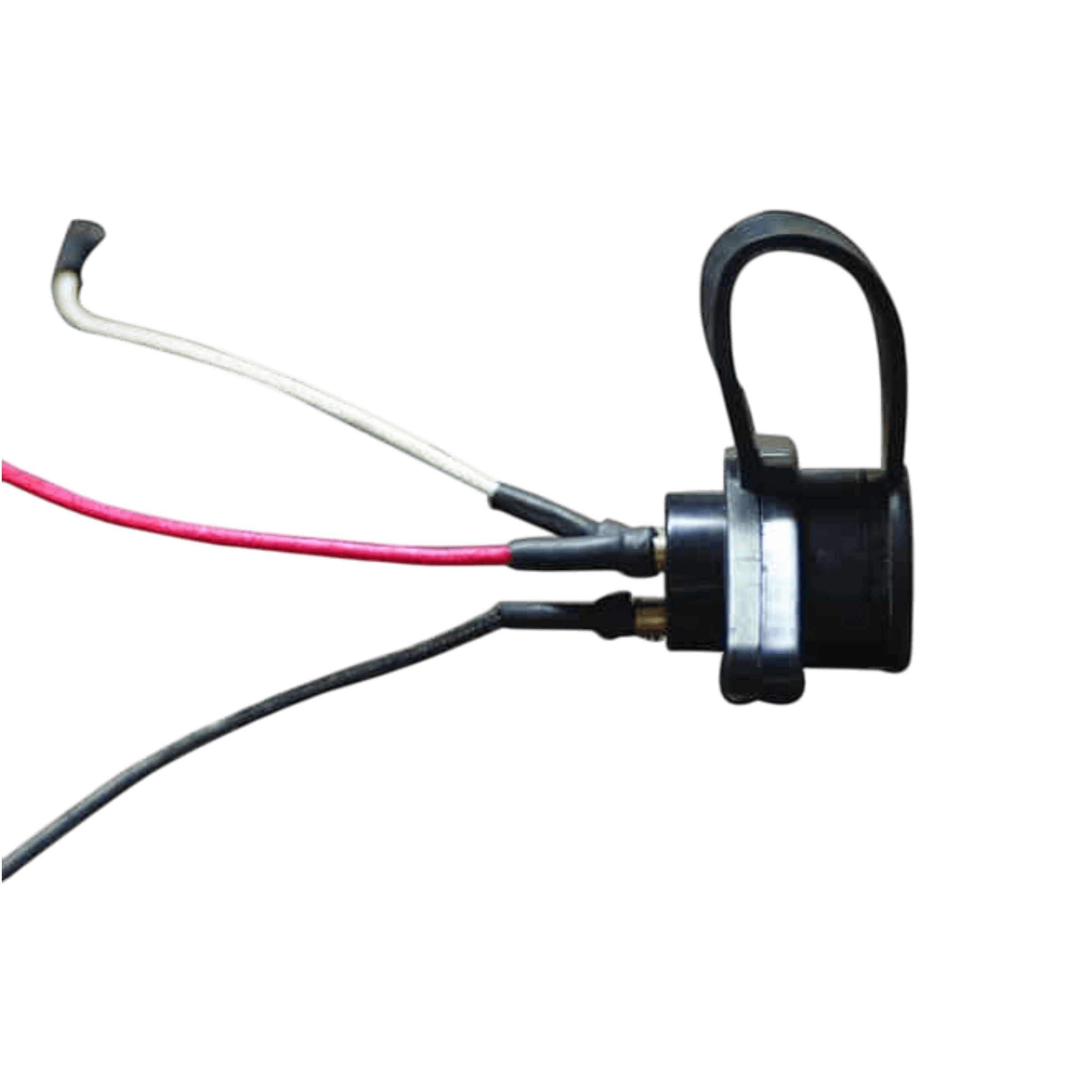 The electrical wires are expertly connected to a black Electric Planetary Winches Plug | Style 1 by PIERCE, featuring a ring-shaped handle.