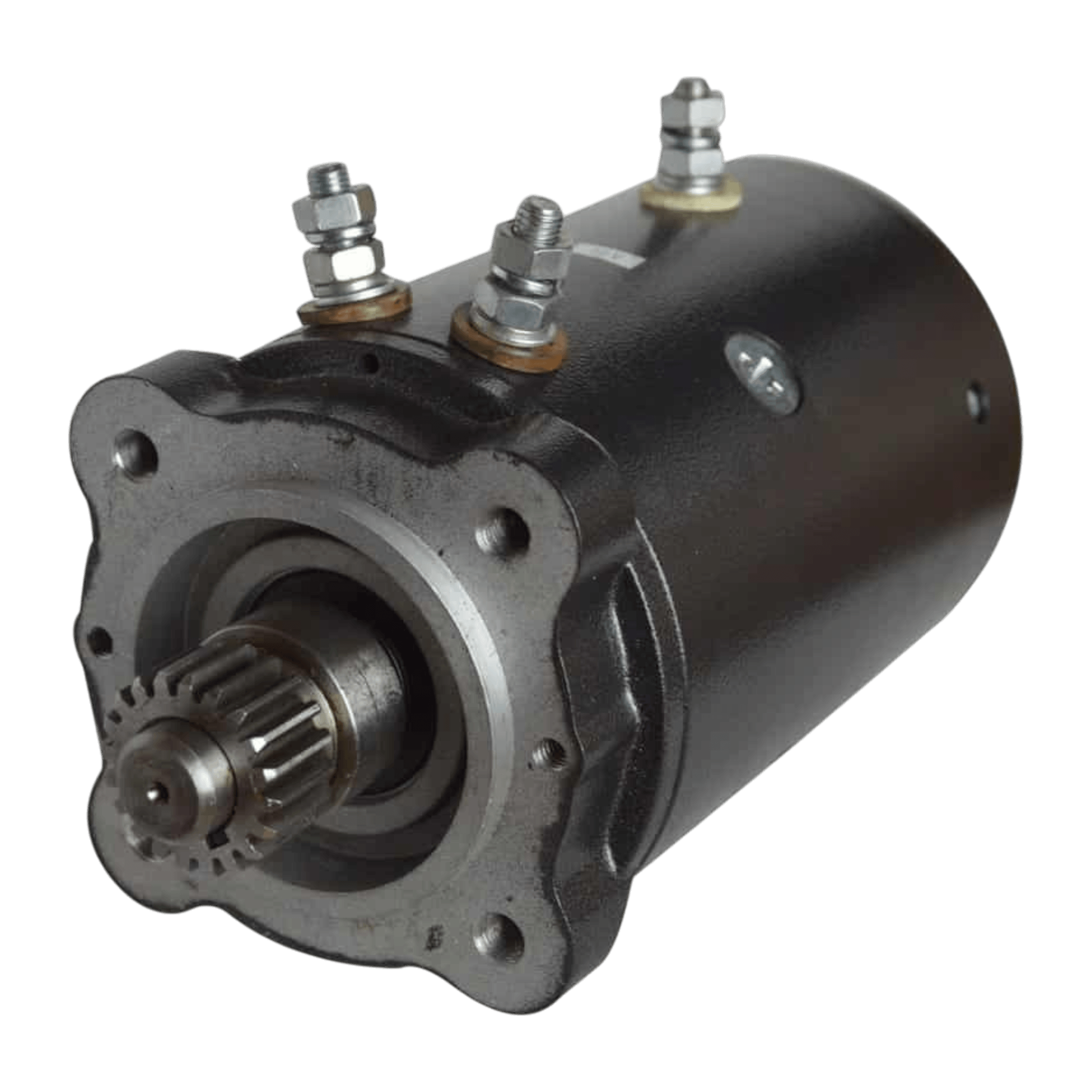 Close-up of the PIERCE Electric Worm Gear Winch Motor Kit, featuring a black cylindrical 12V design with visible gears and connecting bolts, perfect for use with PIERCE winches or as a replacement worm drive.