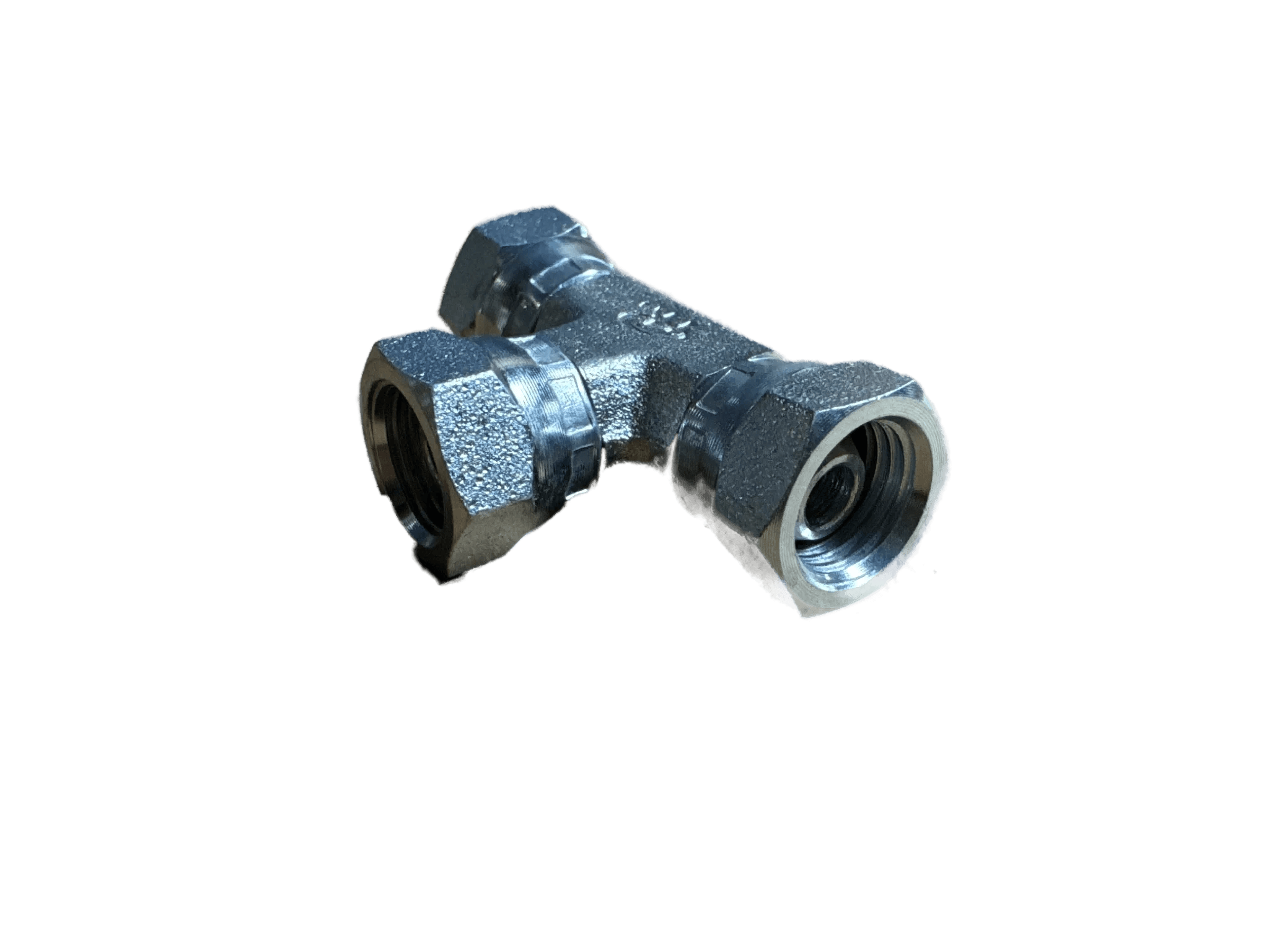 The PIERCE Hydraulics Fitting - Pipe Thread Swivel Tee, with female 1/4 in x 1/4 in threaded openings on all sides, is ideal for connecting hydraulic lines. Shown isolated on a plain background.