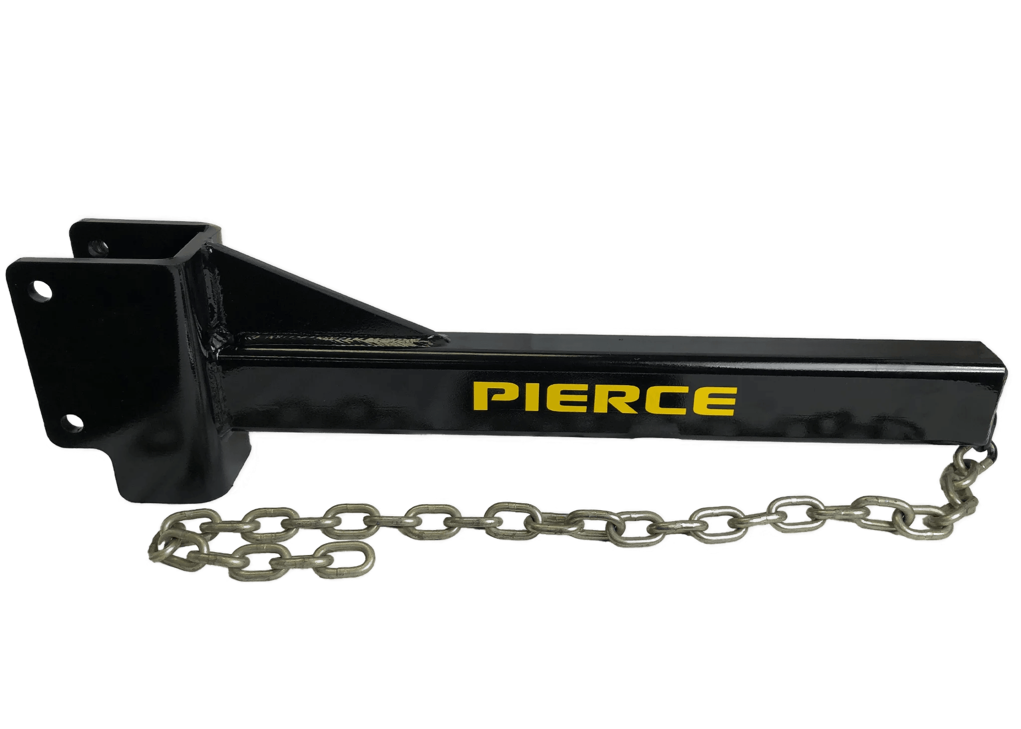 The black steel hitch, boldly displaying PIERCE in yellow, comes with a chain and metal mounting plate, ideal for use with the PIERCE T-Post Puller Attachment.