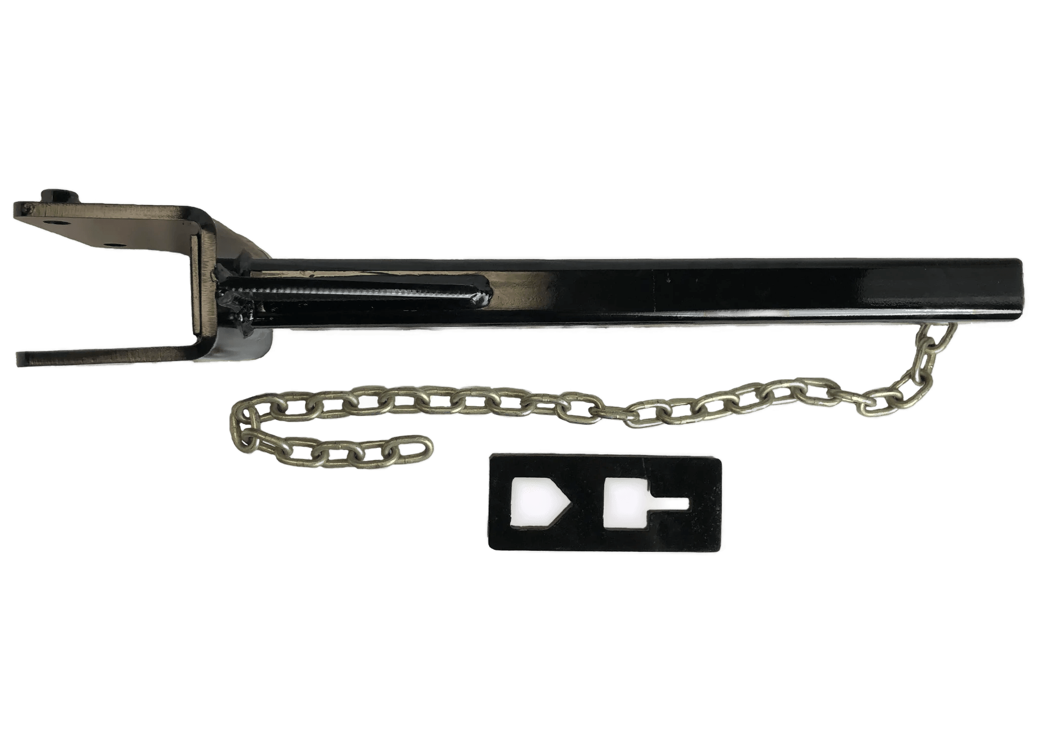 The PIERCE T-Post Puller Attachment, in black metal, includes a chain and keyed plate for secure locking, ensuring compatibility with manual posts for reliable protection.