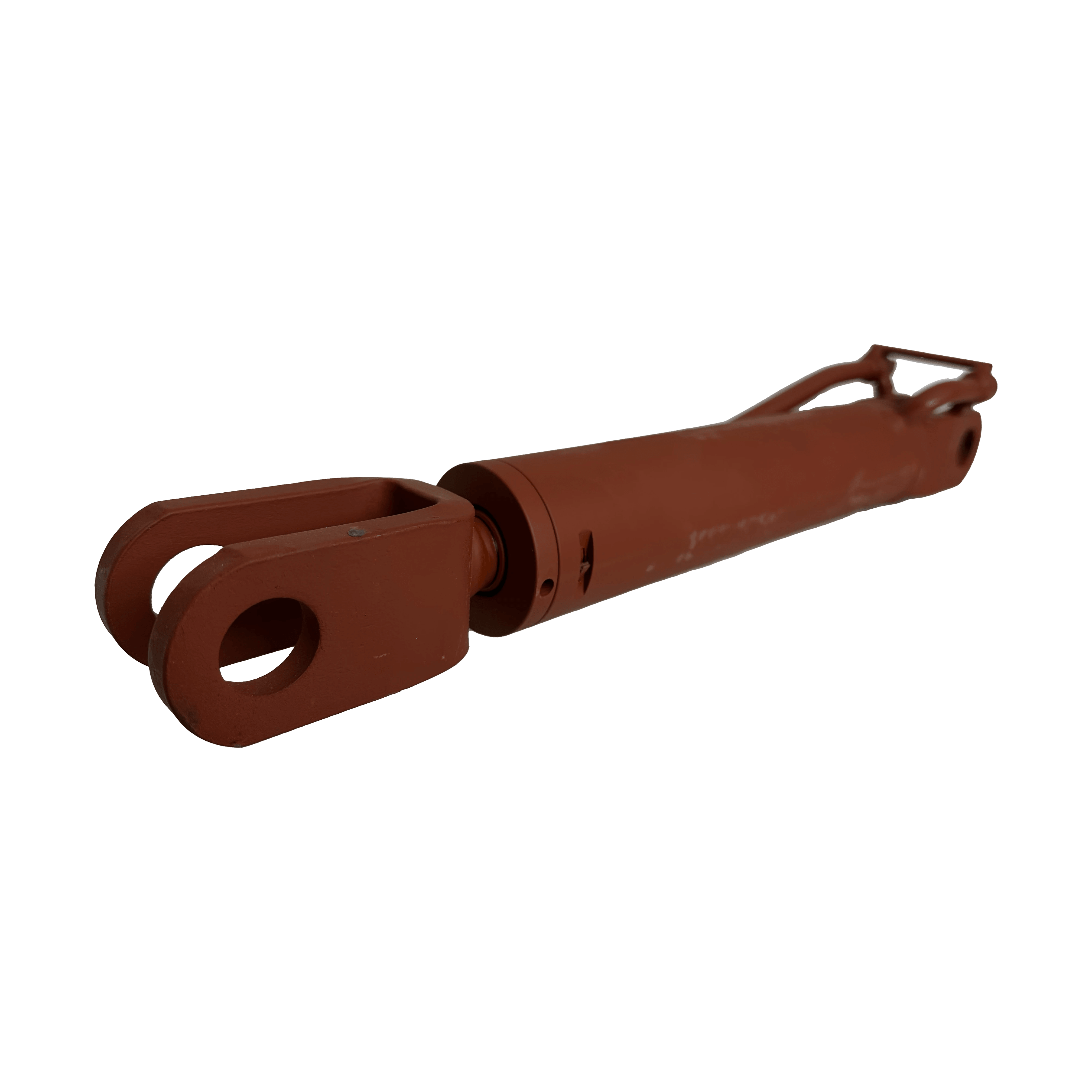 Red metal Fold Cylinder by PIERCE with a forked end, shown from a low angle against a white background—OEM replacement for Dynamic 601/701 wheel lift wrecker models.