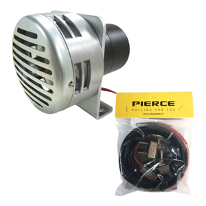The PIERCE Heavy Duty Cattle Siren and packaged wiring kit are displayed against a white background, emphasizing the products durability and reliability for tough applications.