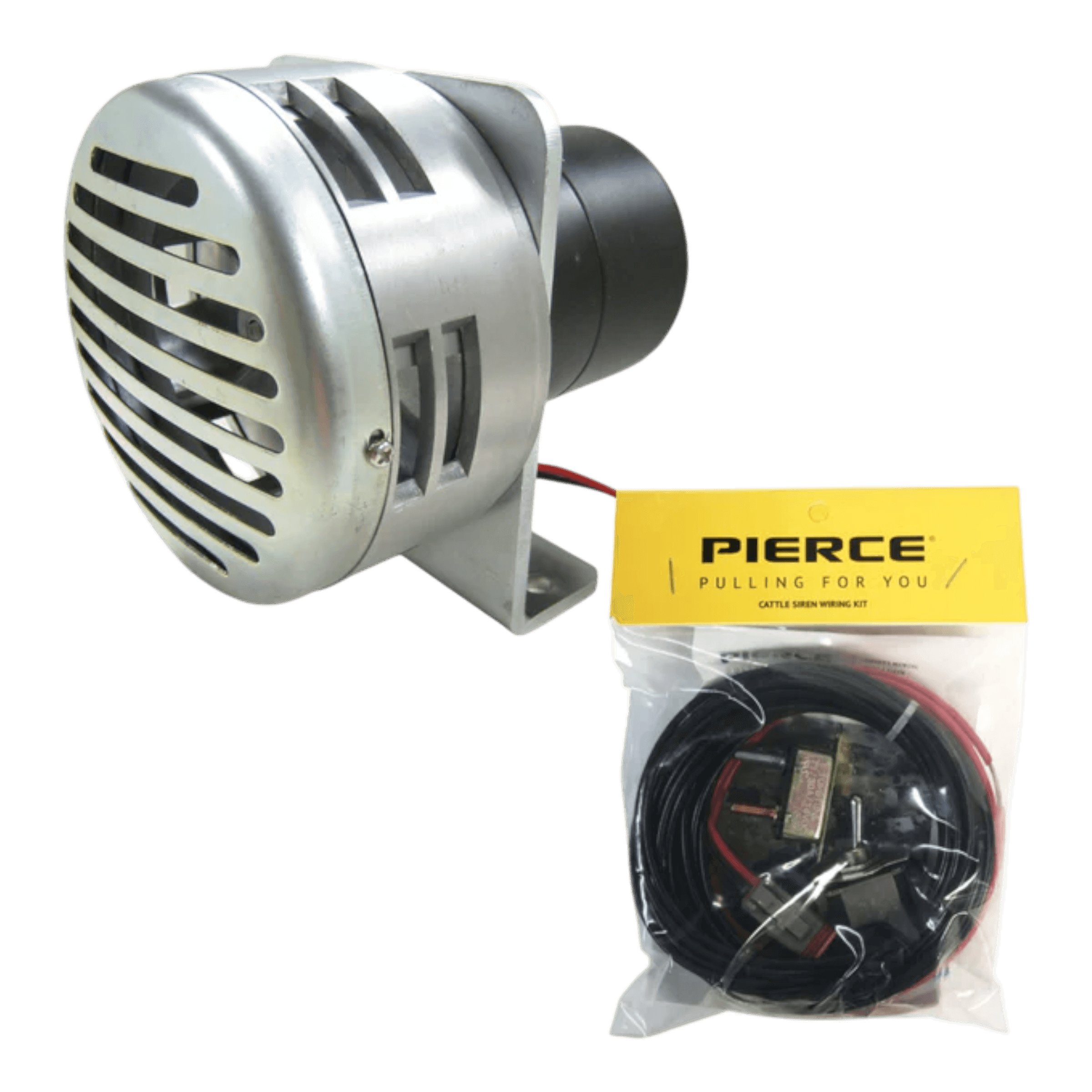 The PIERCE Heavy Duty Cattle Siren and packaged wiring kit are displayed against a white background, emphasizing the products durability and reliability for tough applications.