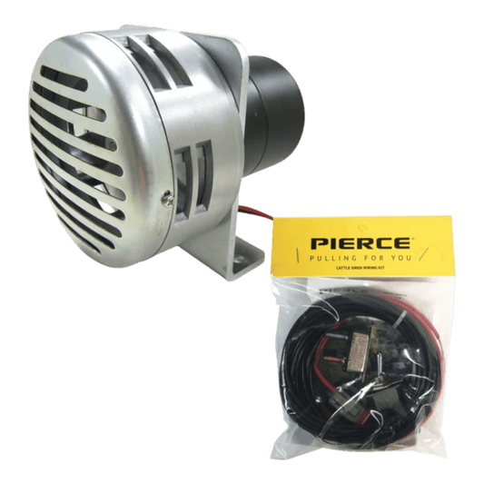 PIERCE Heavy Duty Cattle Siren with mounting bracket shown beside a bagged Pierce siren wiring kit on a white background—reliable ranch equipment for consistent performance.
