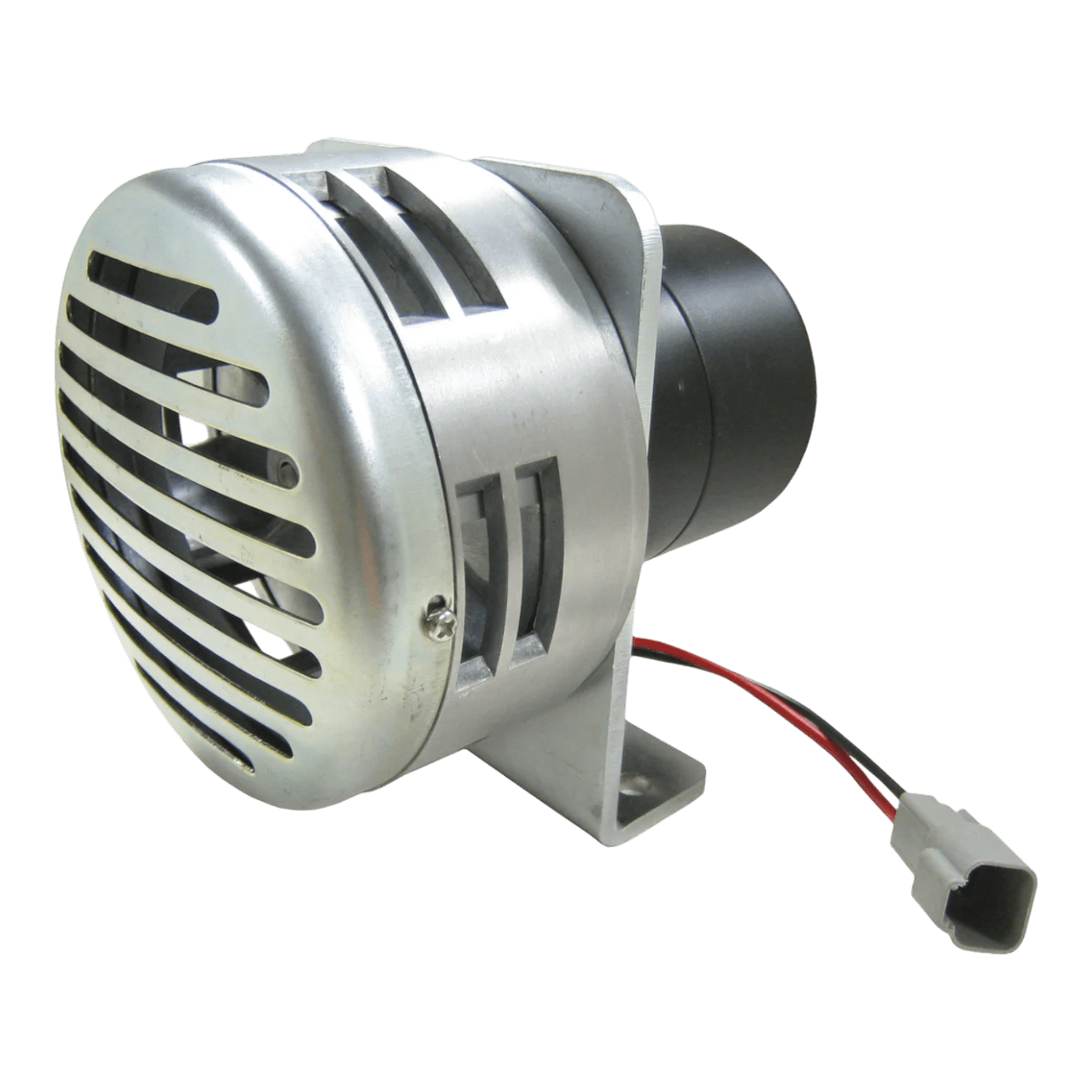 The PIERCE Heavy Duty Cattle Siren features a metallic build, protective grill, reinforced mounting bracket, and attached wires with connector—ideal for demanding livestock environments.