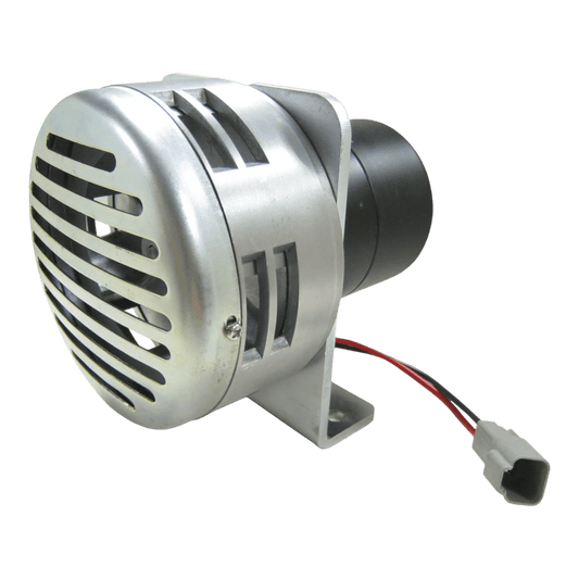 The PIERCE Heavy Duty Cattle Siren features a metallic build, protective grill, reinforced mounting bracket, and attached wires with connector—ideal for demanding livestock environments.