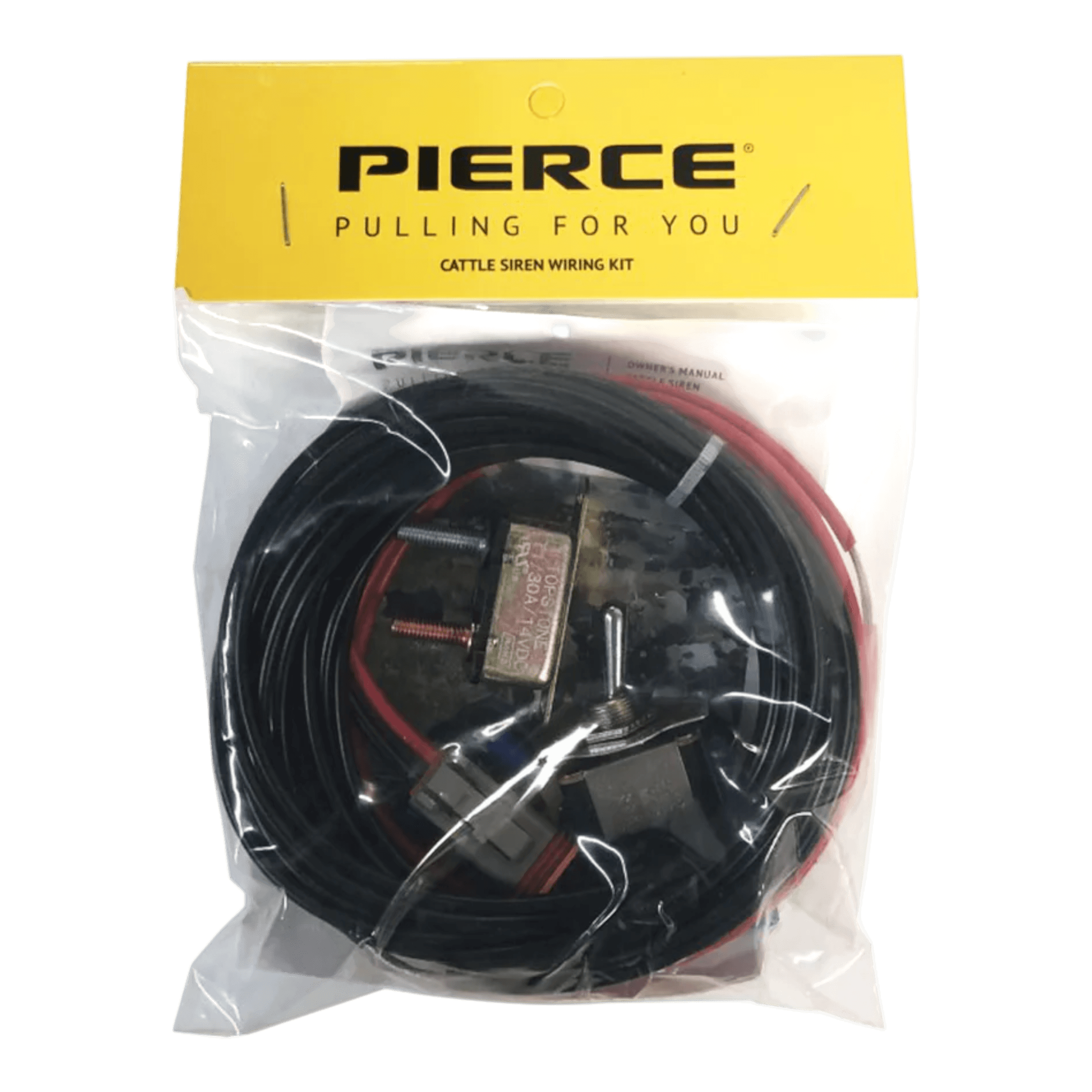 The PIERCE Heavy Duty Cattle Siren comes packaged with a wiring kit, wires, components, and a reinforced mounting bracket, labeled Pulling for you.
