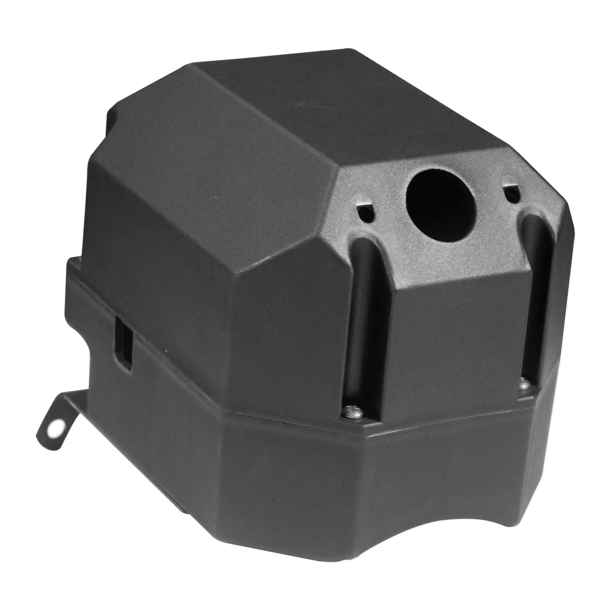 Black mechanical cover with multiple angles and screw holes, featuring a central top opening. This replacement part is the Housing for Solenoid by PIERCE, crucial for ensuring the smooth operation of electric planetary winches.