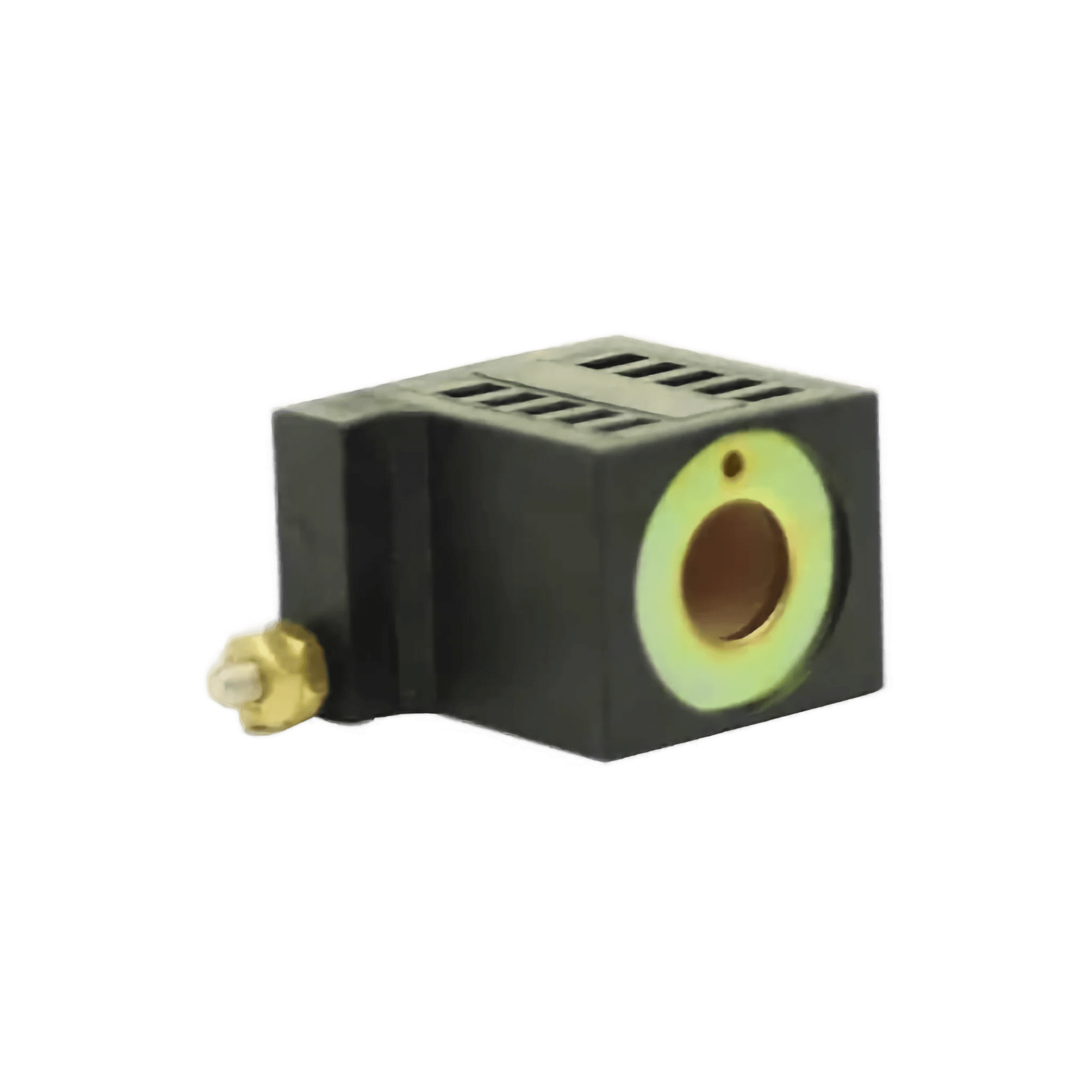 A black 12 Volt solenoid coil with a brass connector and circular metal rim, ideal for Bucher pump replacement.