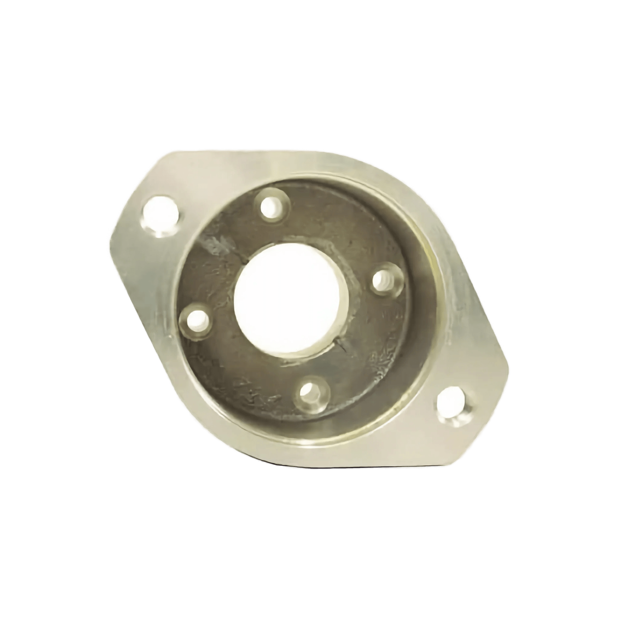 The PIERCE Hydraulic Motor Adapter is a cast aluminum flange with a central circular hole and four smaller surrounding holes, perfect as a replacement for the PS654 series hydraulic worm gear winches, displayed against a white background.