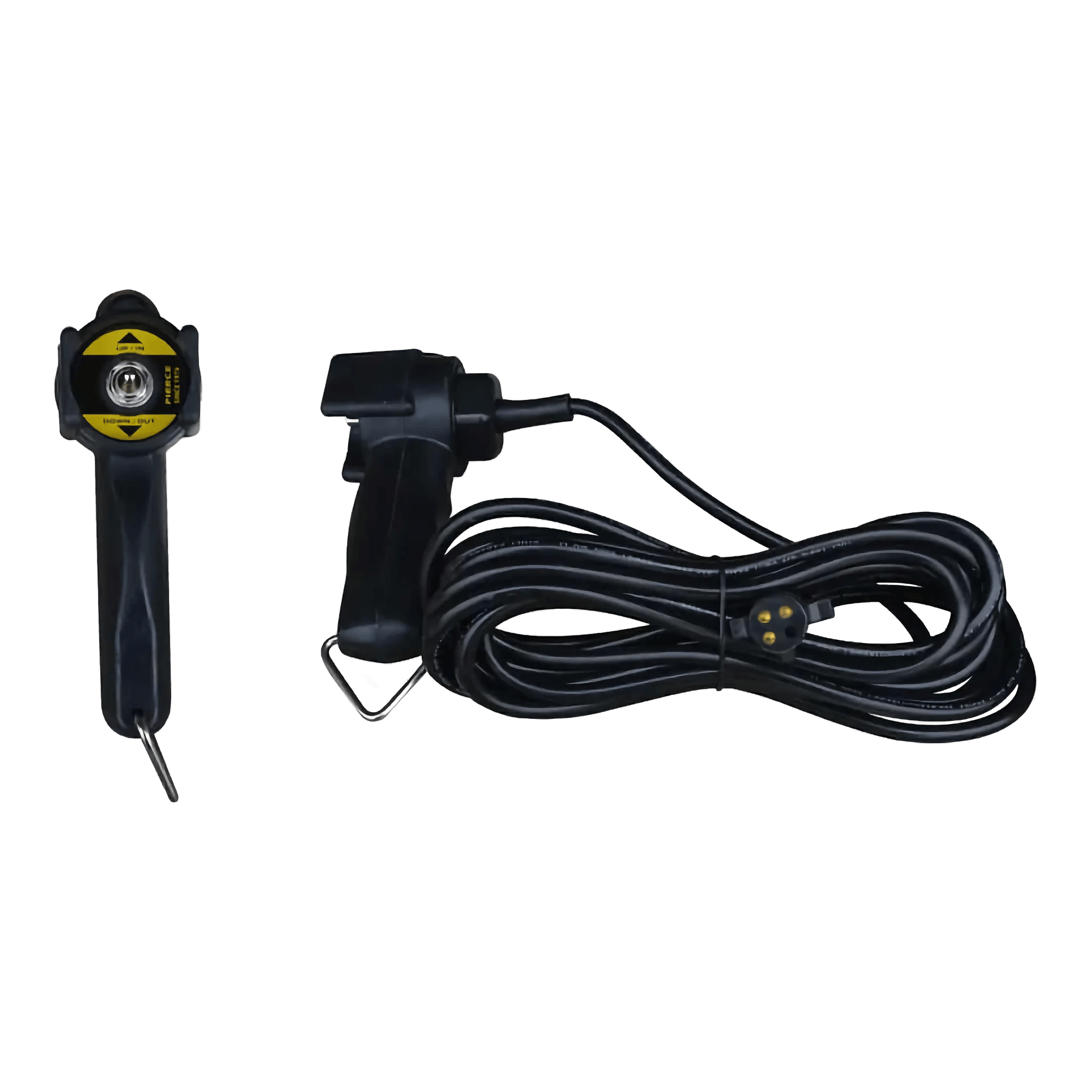 PIERCE Toggle Switch Remote - 20ft Cord, with a black joystick controller, coiled cable, yellow directional label, and 4-prong vulcanized plug; part of the PIERCE Industrial Series Winch lineup, shown from top and side views.