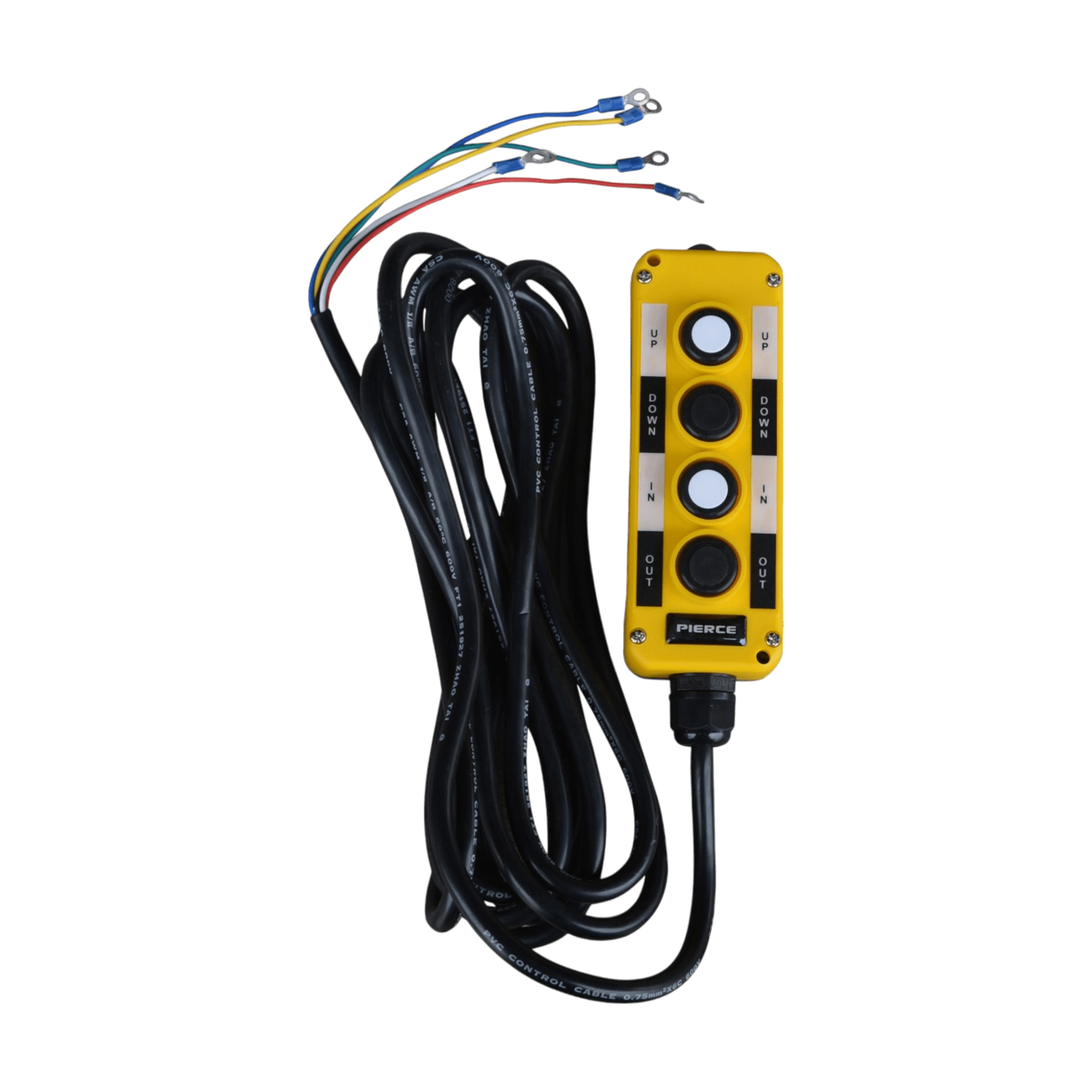 The PIERCE Universal Momentary Pendant Control, featuring four black buttons and brightly colored wires, is designed for solenoid-operated equipment. This yellow wired remote control with a 20ft cord and magnets stands out against the black background.