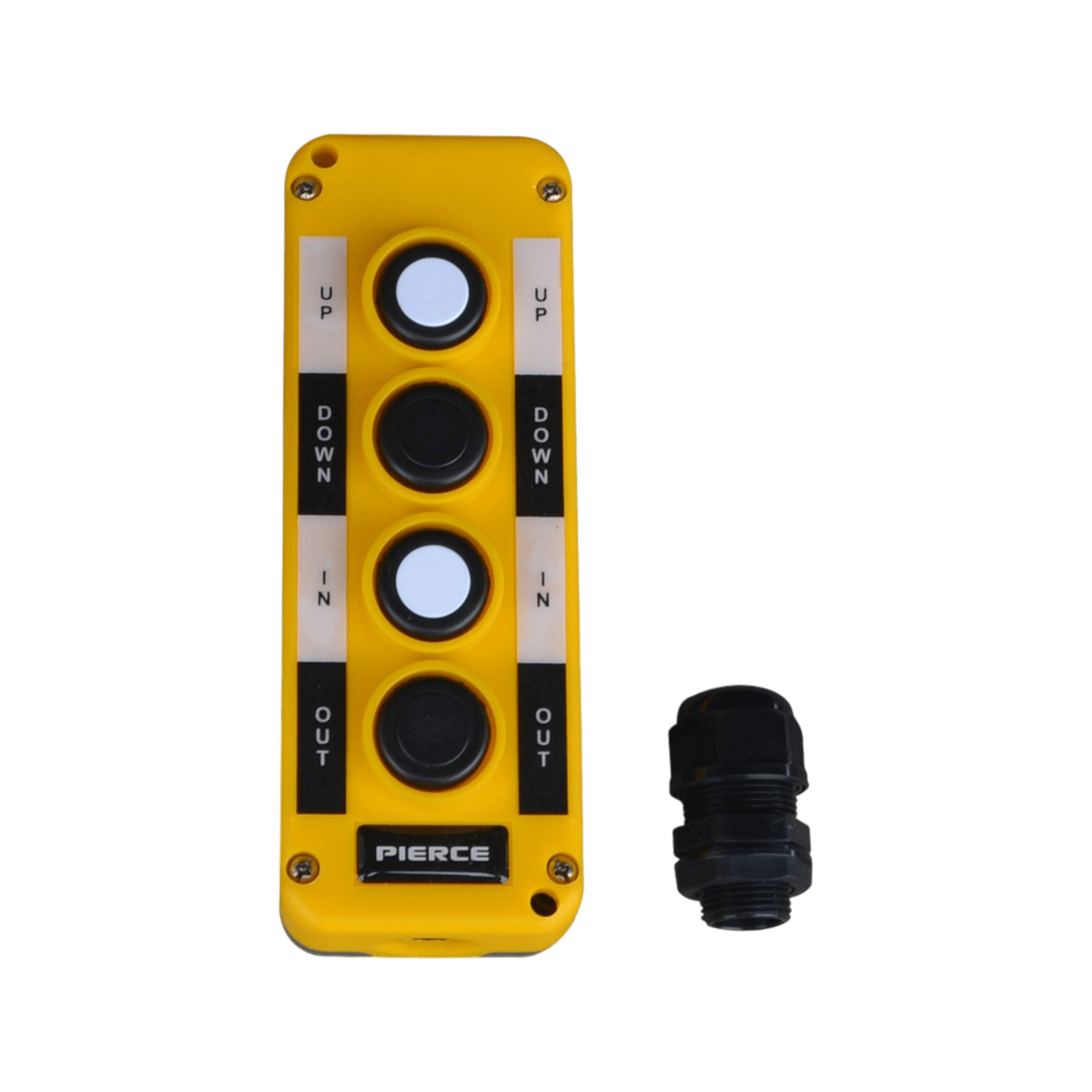 The PIERCE Universal Momentary Pendant Control comes in a yellow design and includes four buttons labeled UP, DOWN, IN, and OUT alongside a cable connector. It features a 20ft cord and can be used effectively with solenoid-operated equipment.
