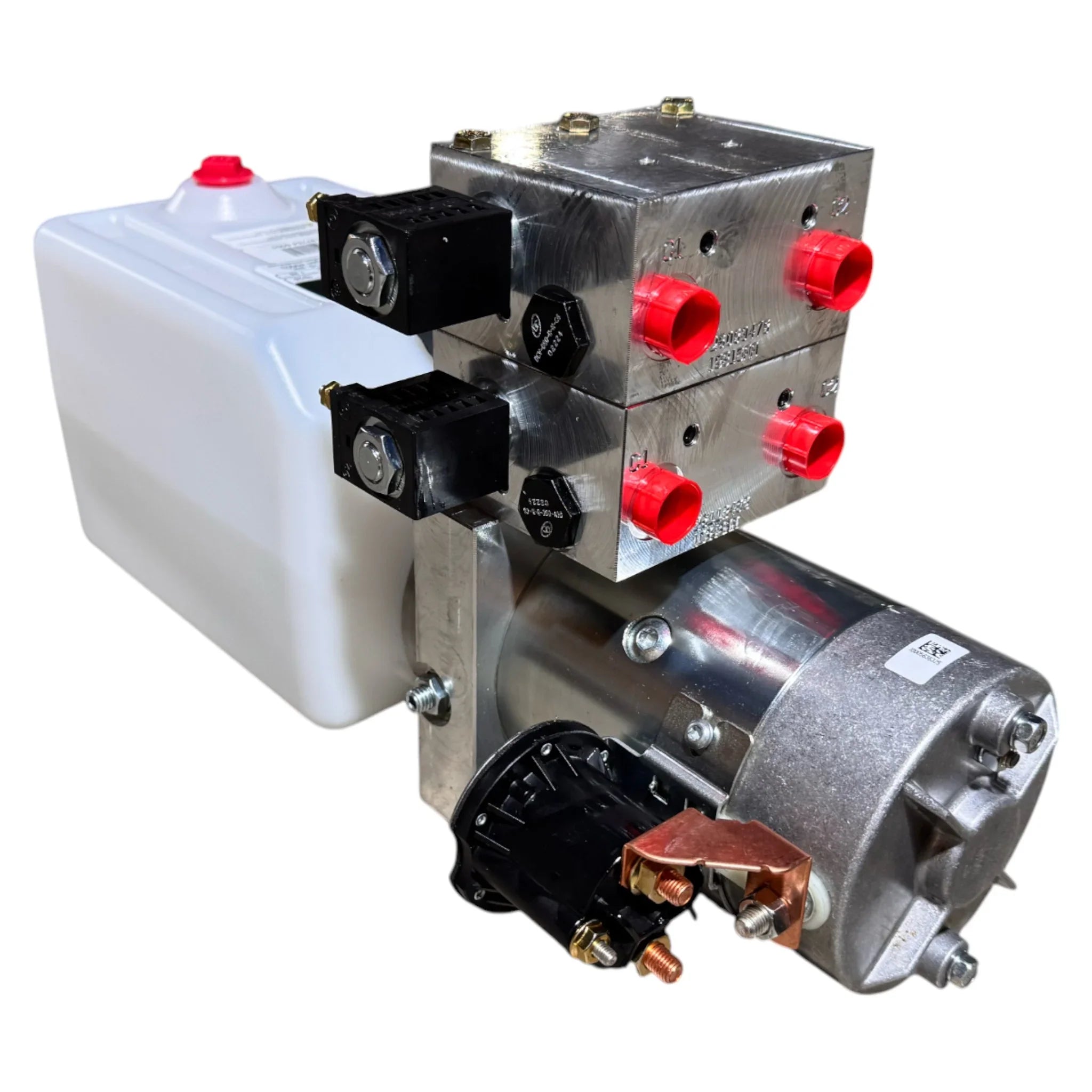 Bucher Hydraulics, Inc. Bucher 4 Way Pump hydraulic power unit with white reservoir and red-capped valve connectors—perfect as a wrecker hydraulic pump.