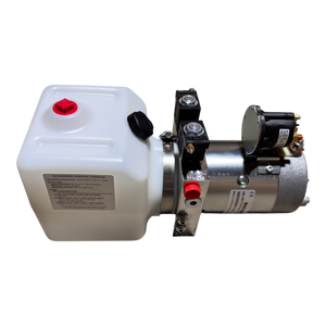 Bucher Hydraulics, Inc. Bucher Pump 2 Way (Power Up / Power Down) features a 1.5 gal. poly reservoir and metal motor assembly, shown isolated on a white background.